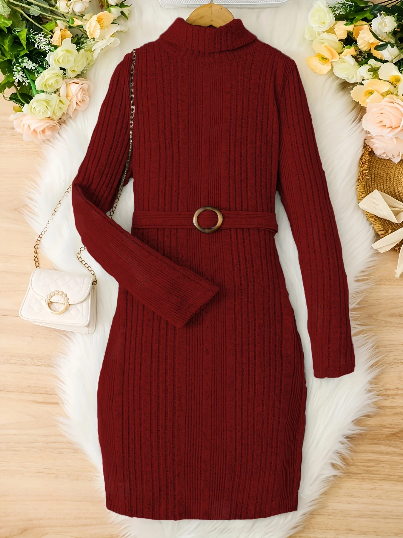 Teen Girls Rib Knitted Warm Bodycon Sweater Dress With Belt - Deanwangkt
