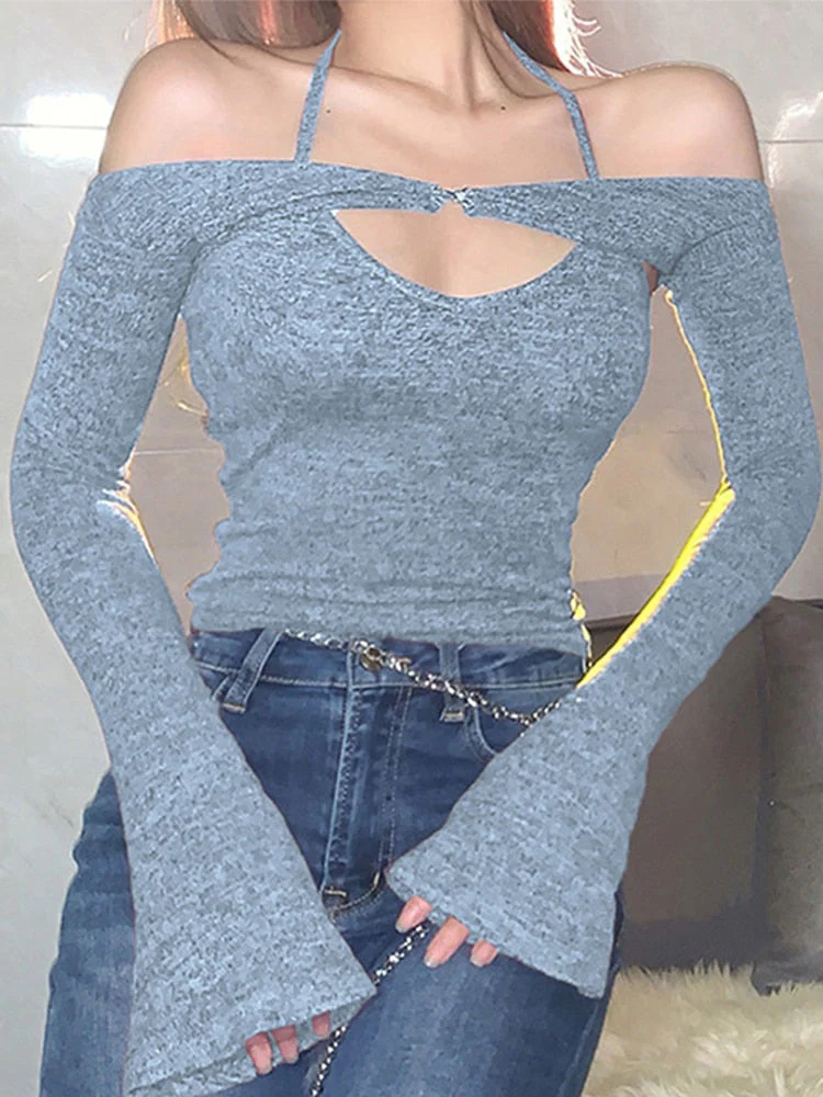 Wenkouban Graduation Gifts Y2K Top Women Long Sleeve T-Shirts 2 Piece Tops Halter Tanks Backless Crop Top Off Shoulder Tees Sexy Christmas Clothes - Deanwangkt