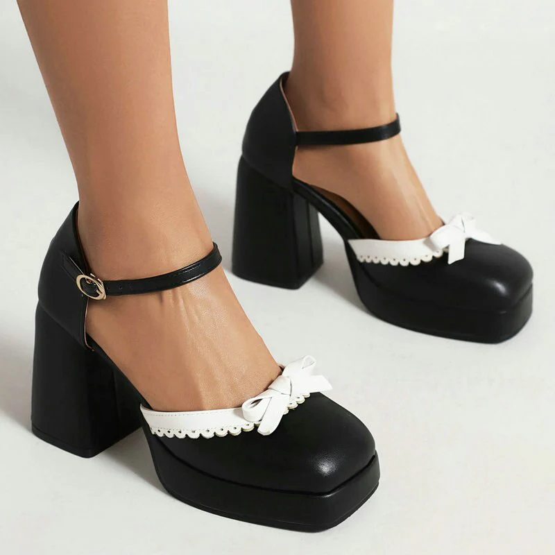 Joskka Black White Contrast Color Laser Cut Closed Toe Women Dress Pumps Chunky High Heels Mary Janes Platform Sandals Hoco Shoes - Deanwangkt