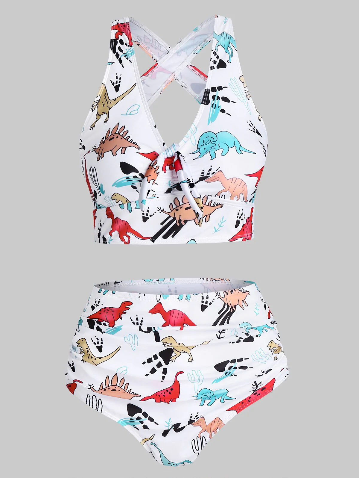 deanwangkt  Sexy Women High Waist Bikini Swimsuit Swimwear Female Bandeau Cartoon Dinosaur Print Bow Detail Padded Tankini Set Bather - Deanwangkt