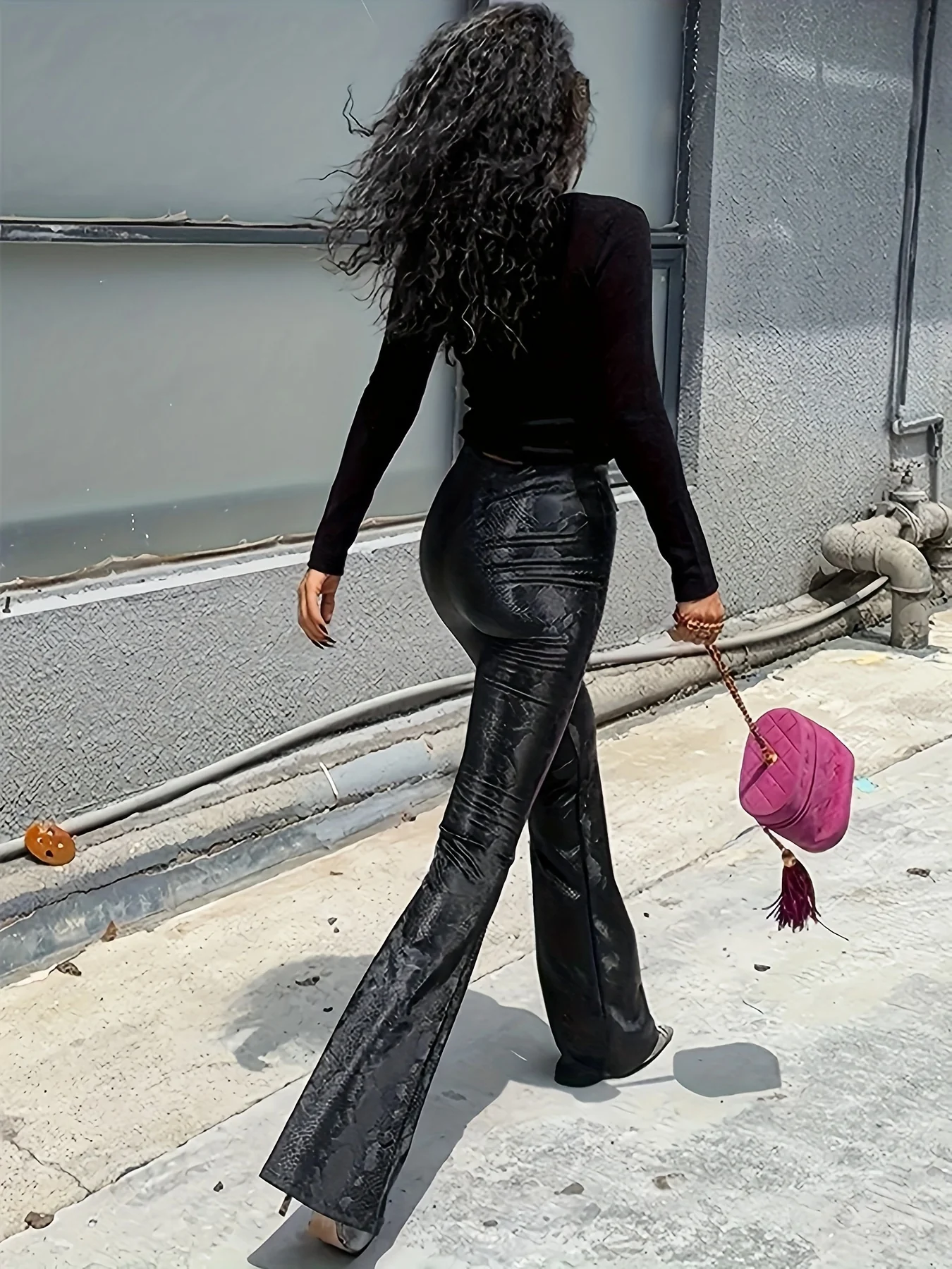 deanwangkt-1 Textured PU Flare Leg Pants, Casual Butt Lifting Stretchy Slim Pants, Women's Clothing - Deanwangkt