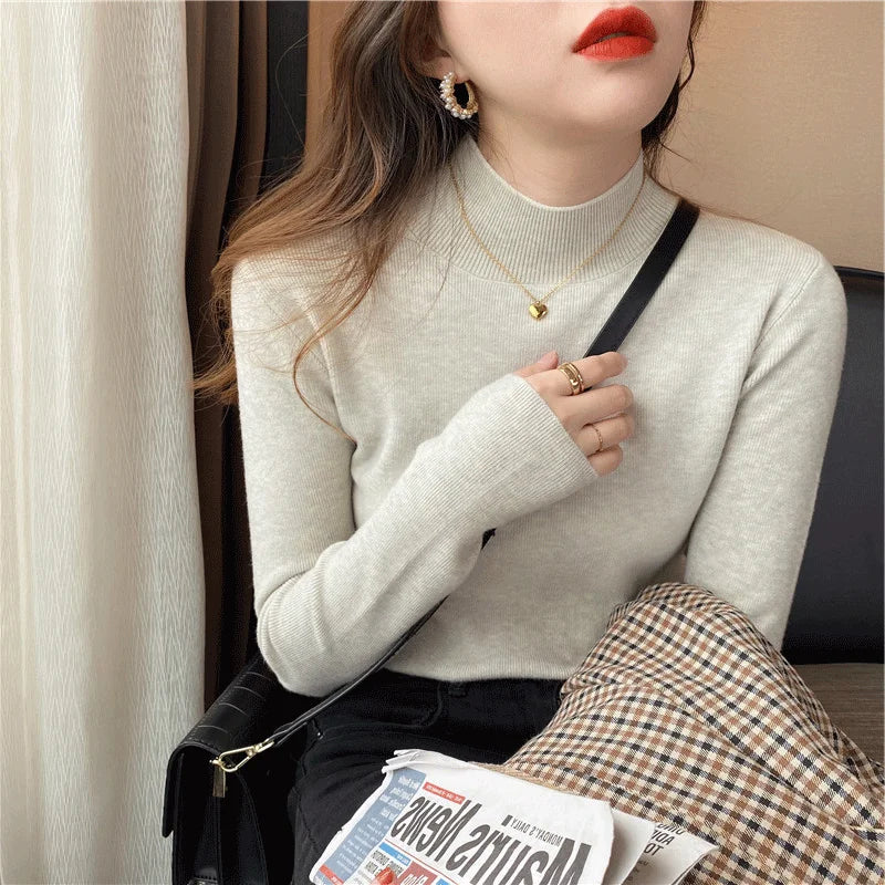 deanwangkt Autumn Winter Women Mock neck Sweaters Pullover Tops Knitwear Fashion Female Long Sleeve Skinny Elastic Casual Knitted Shirts - Deanwangkt