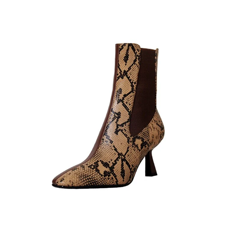 deanwangkt  Autumn Shoes    Autumn Women Boots Pointed Toe Thin Heel Cow Leather Boots Elegant Snake-print Leather Shoes for Women High Heel Boots - Deanwangkt