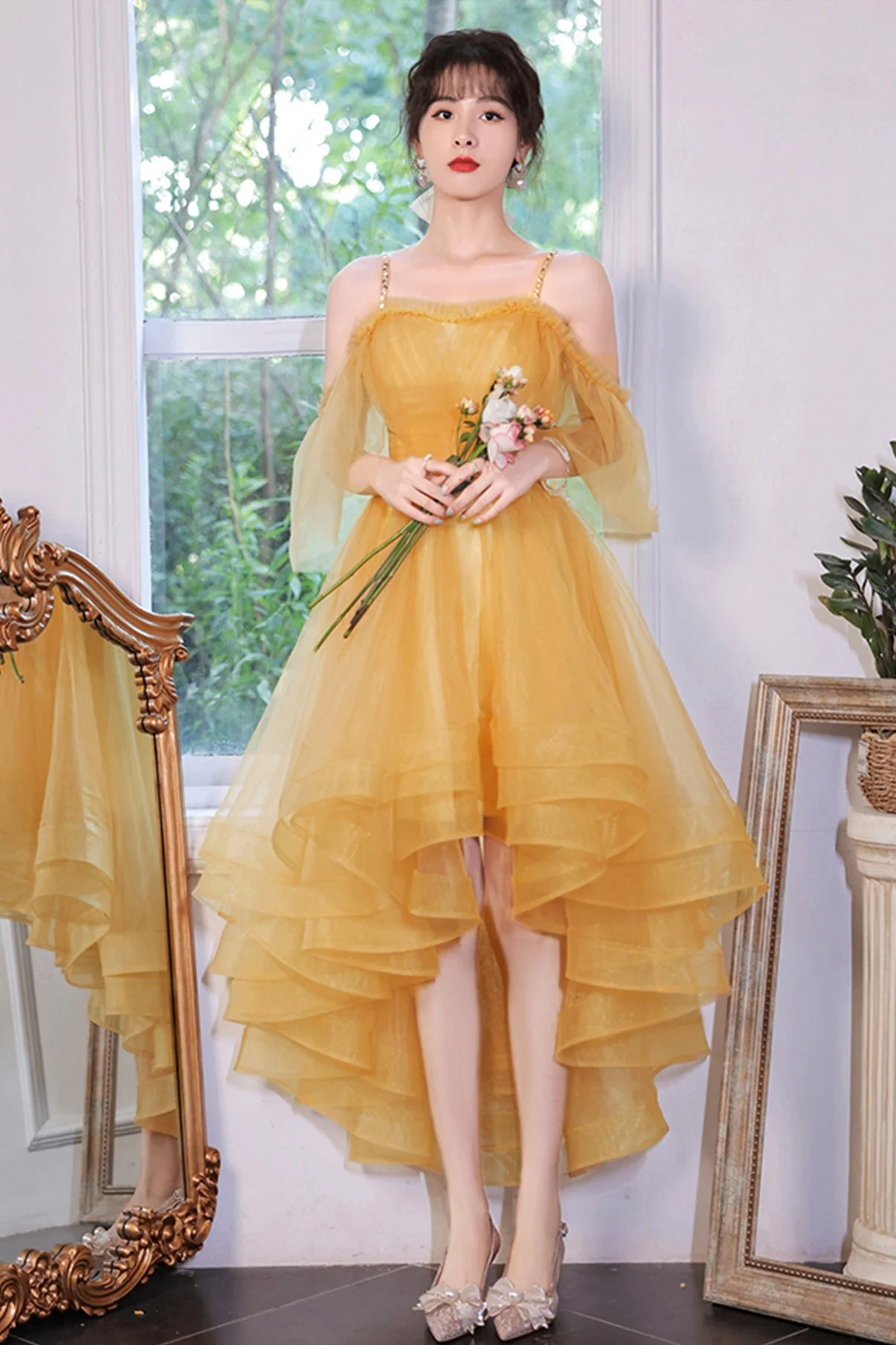 solvbao Yellow Tulle High Low Prom Dresses, A-Line Evening Dresses - Deanwangkt