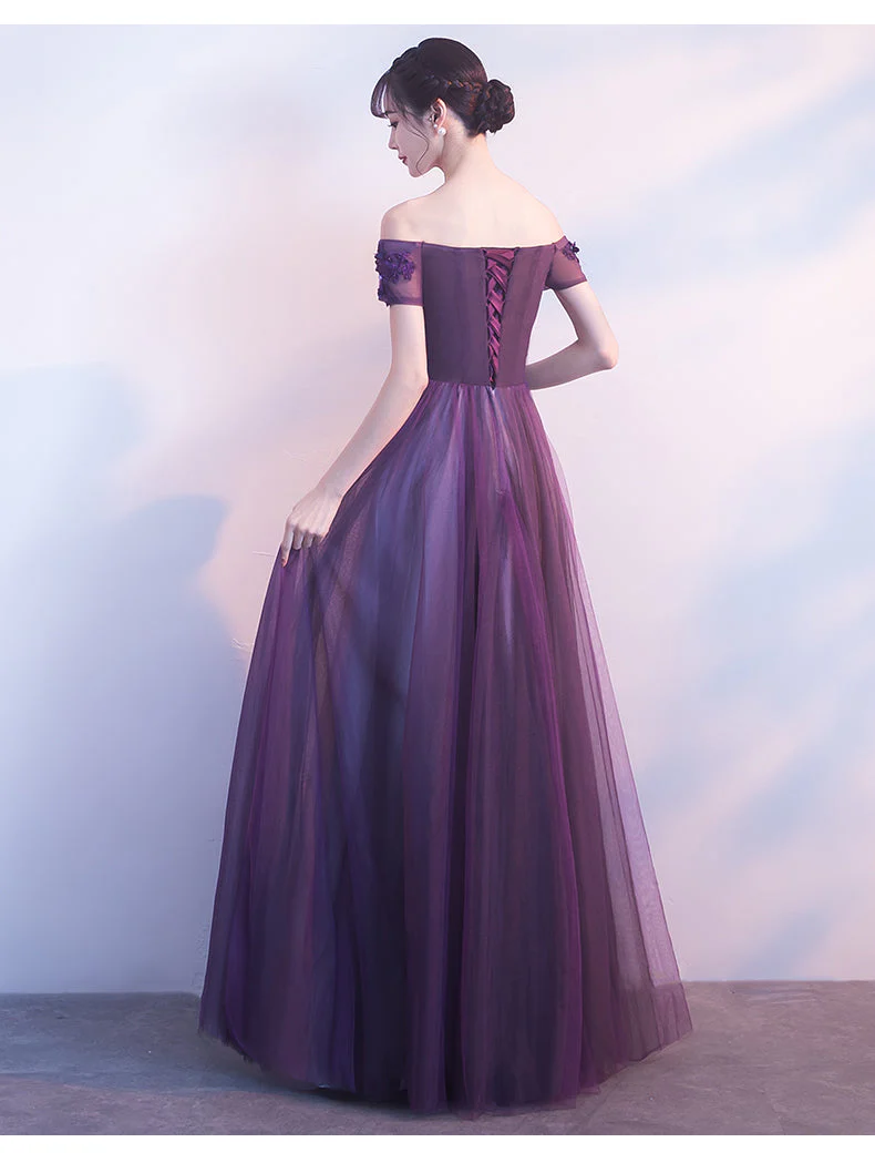 Solvbao Off Shoulder Purple Tulle with Lace Applique Party Dress, Purple Prom Dress - Deanwangkt