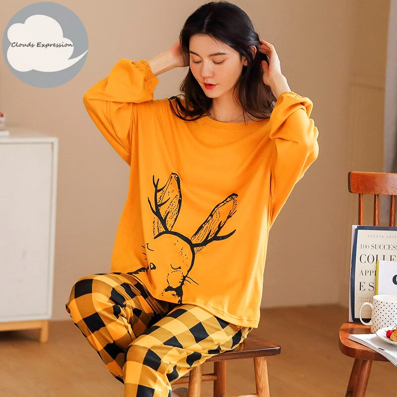 Spring Autumn Women's Sleep Lounge Pajama Long Sleeved Woman Pajama Set Cartoon Pyjamas Cotton Sleepwear M L XL XXL XXXL Fashion - Deanwangkt