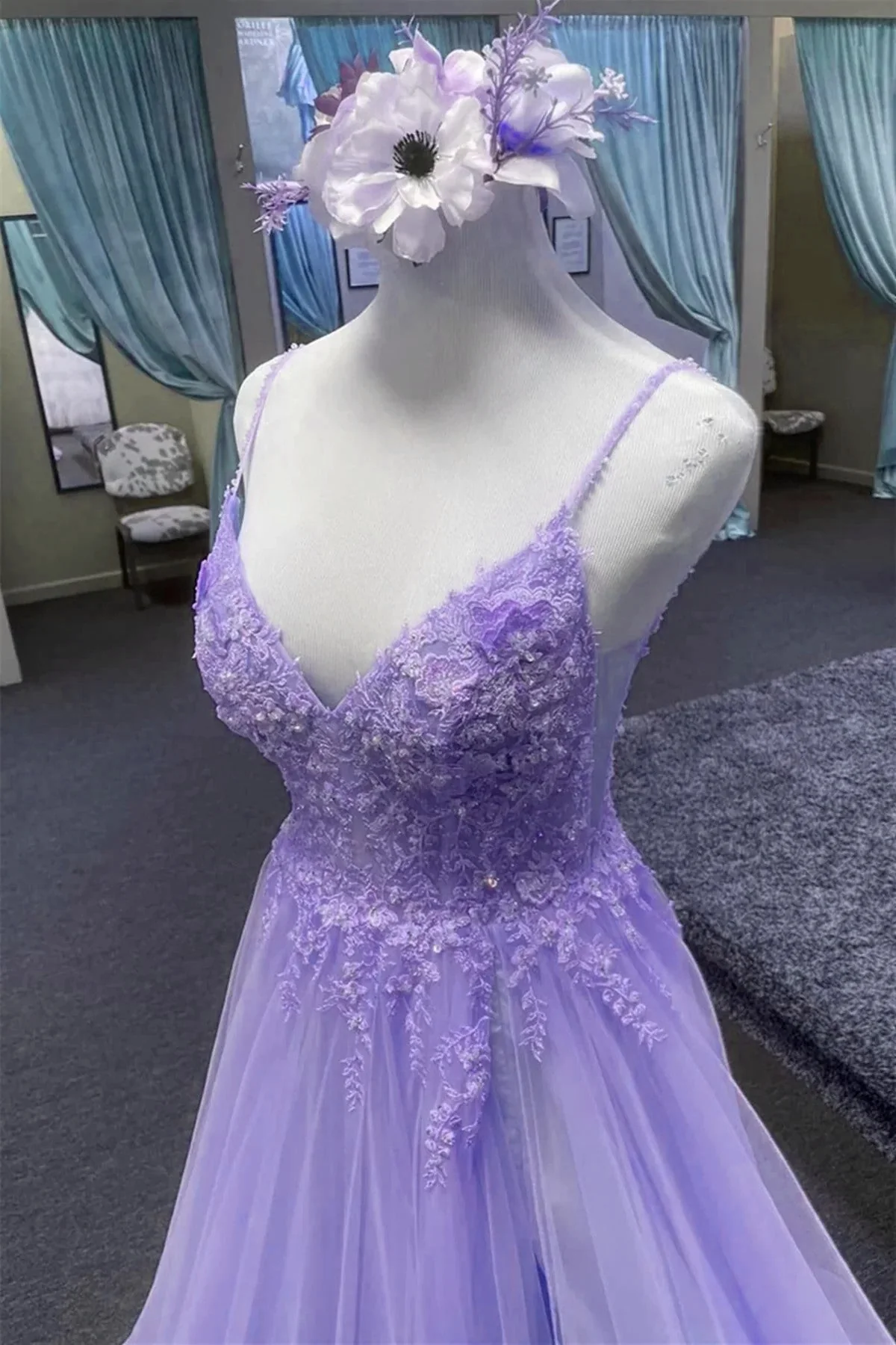 Solvbao Light Purple A-line Tulle with Lace Prom Dress, Light Purple Long Evening Dress - Deanwangkt