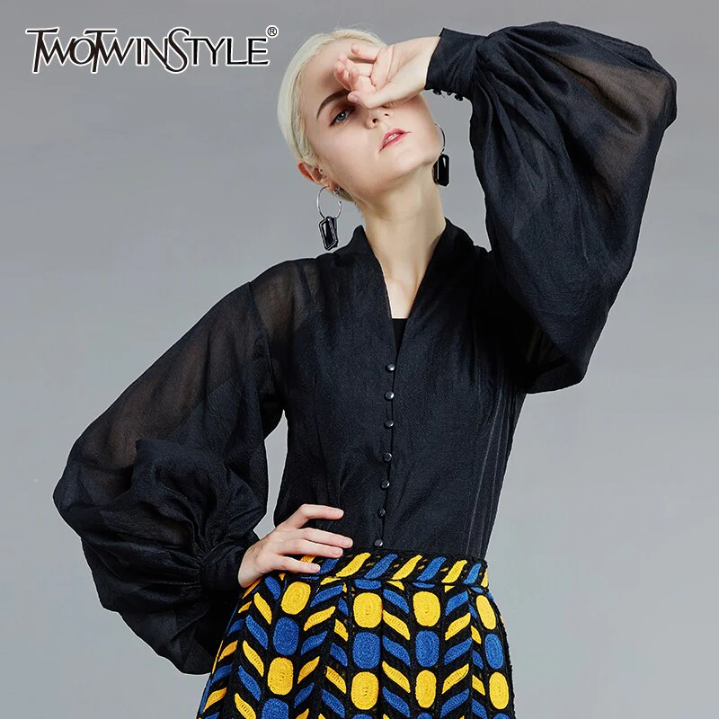 deanwangkt See Through Black Blouse For Women Stand Collar Lantern Long Sleeve Casual Loose Shirt Female Fashion New Spring - Deanwangkt