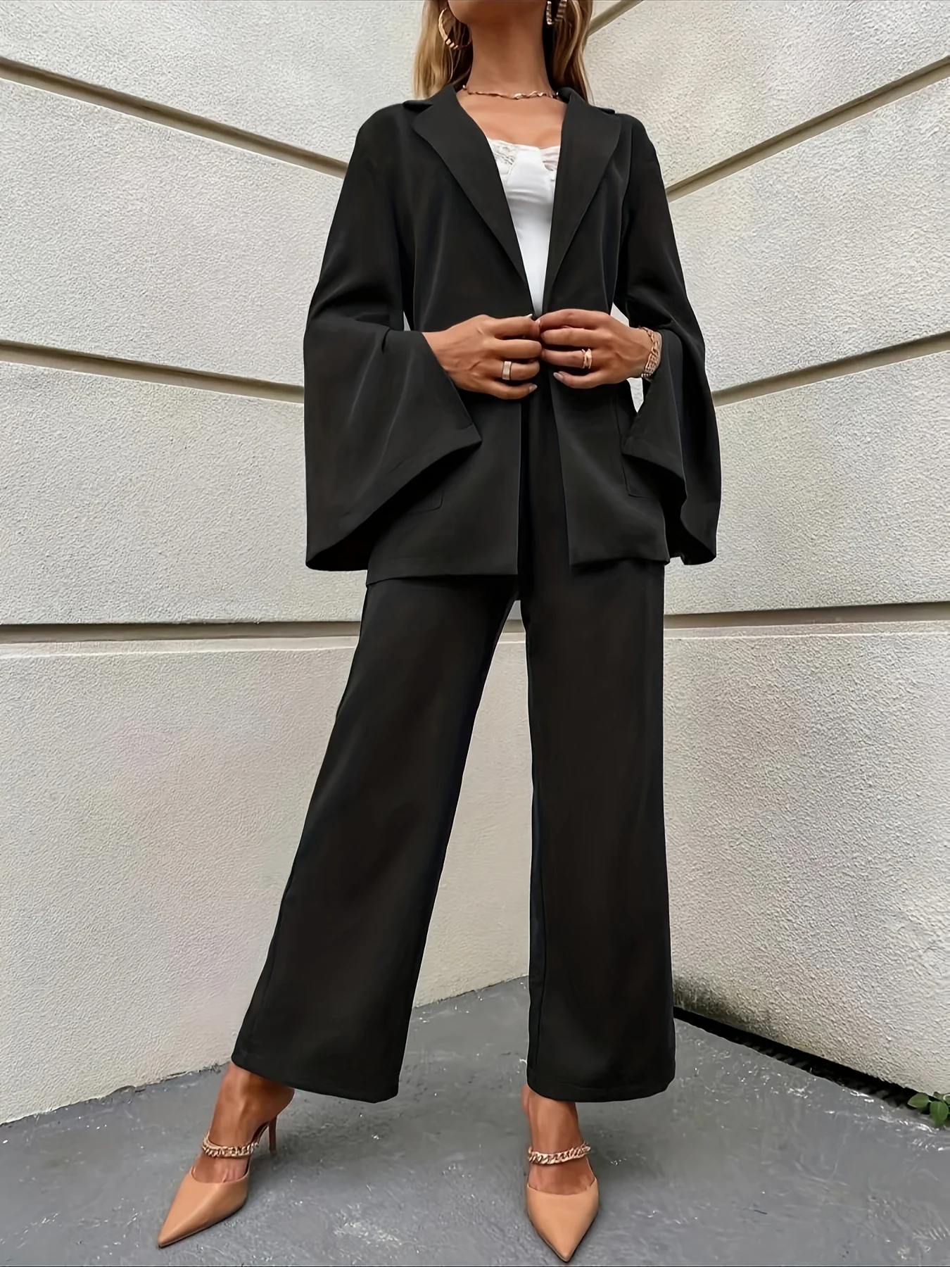 deanwangkt-1  Elegant Solid Two-piece Set, Split Sleeve Belted Blazer & Wide Leg Pants Outfits, Women's Clothing - Deanwangkt