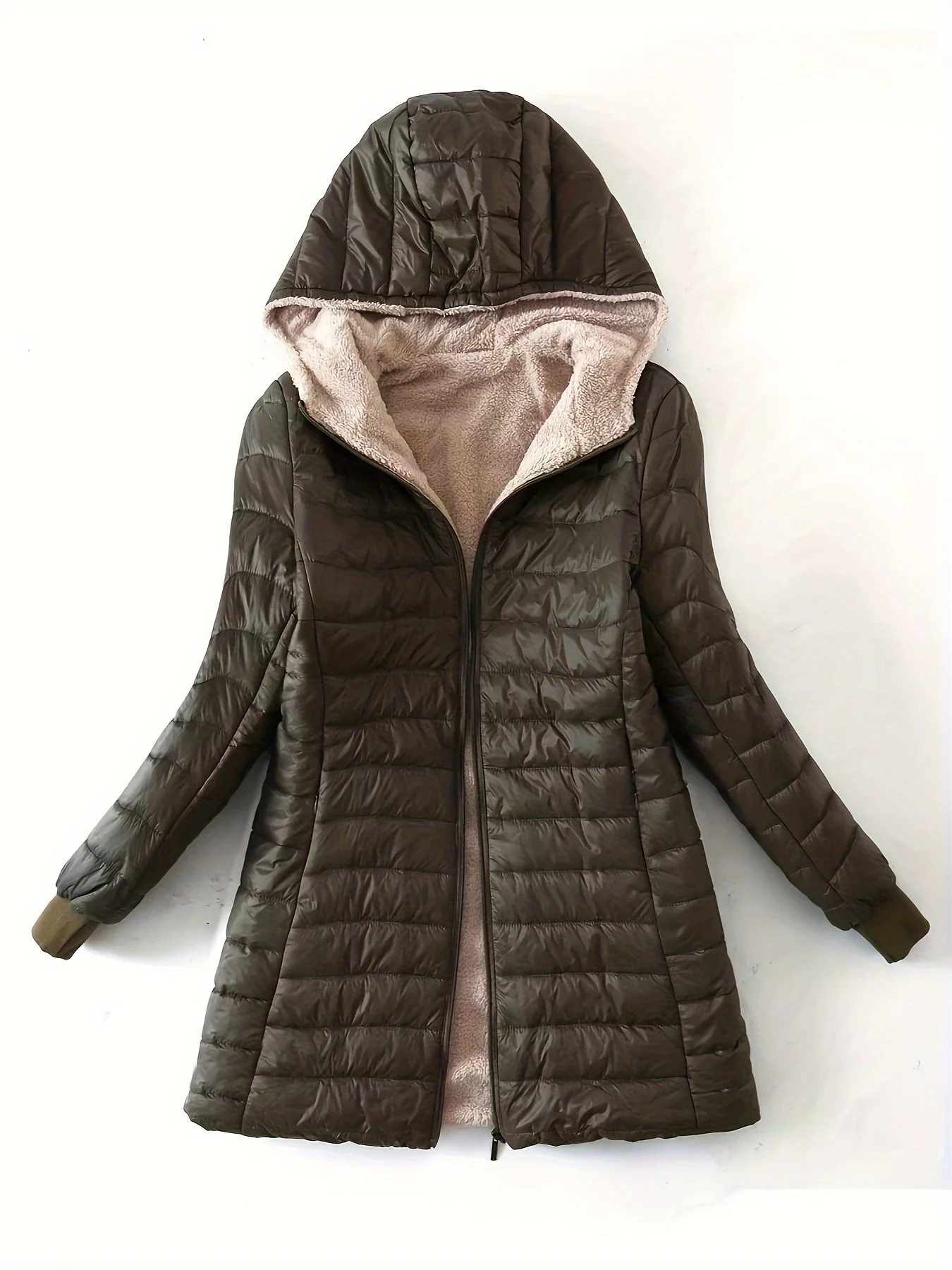 deanwangkt Zip Up Solid Hooded Coat, Casual Long Sleeve Winter Warm Outerwear, Women's Clothing - Deanwangkt