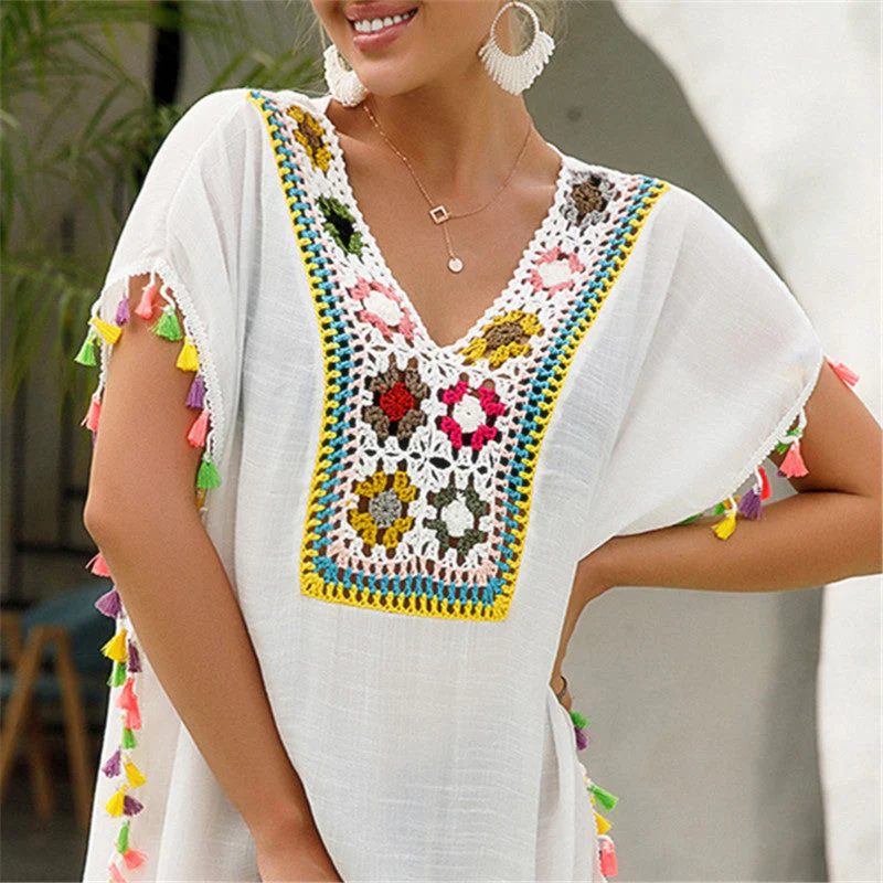 deanwangkt  Tassel Beach Cover Up Dress Woman Summer  Pareo Bathing Suit Cover Ups White Crochet Swim Coverup Female Tunics Cover-up - Deanwangkt