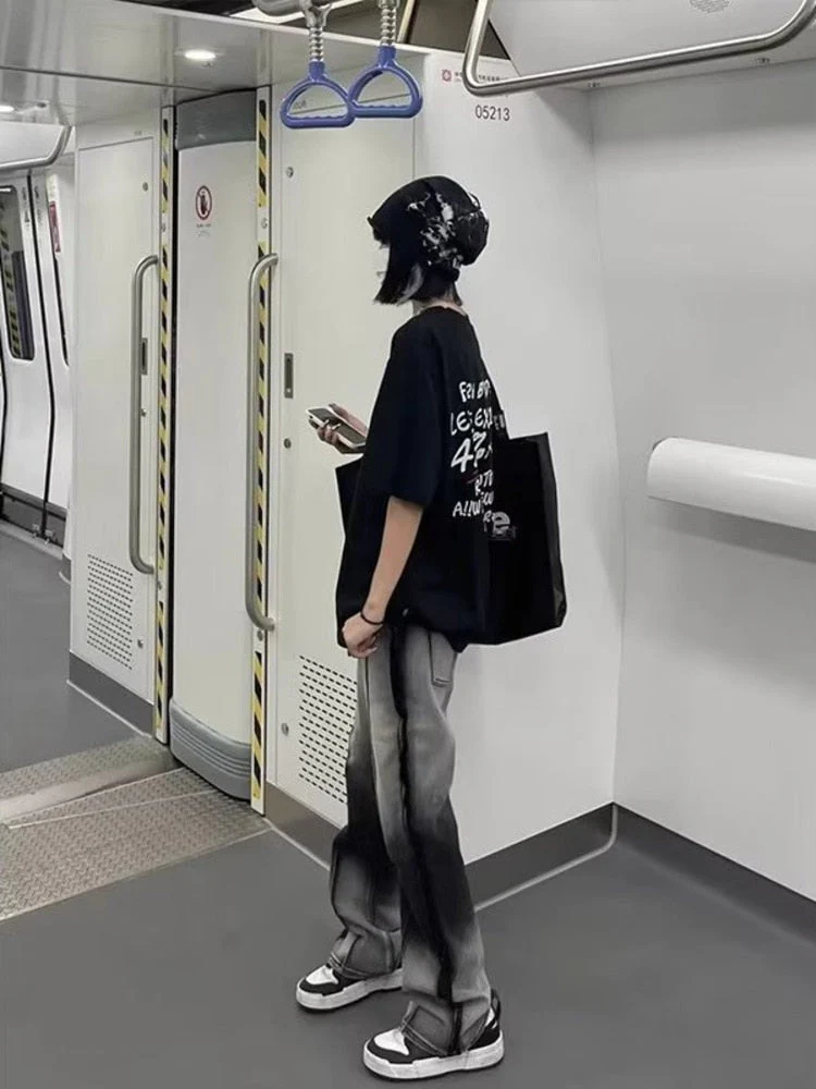 deanwangkt Spliced Jeans With Old Zippers, High Street Insets, Trendy Gradient Straight Tube Loose Wide Leg Pants, Children's Jeans - Deanwangkt