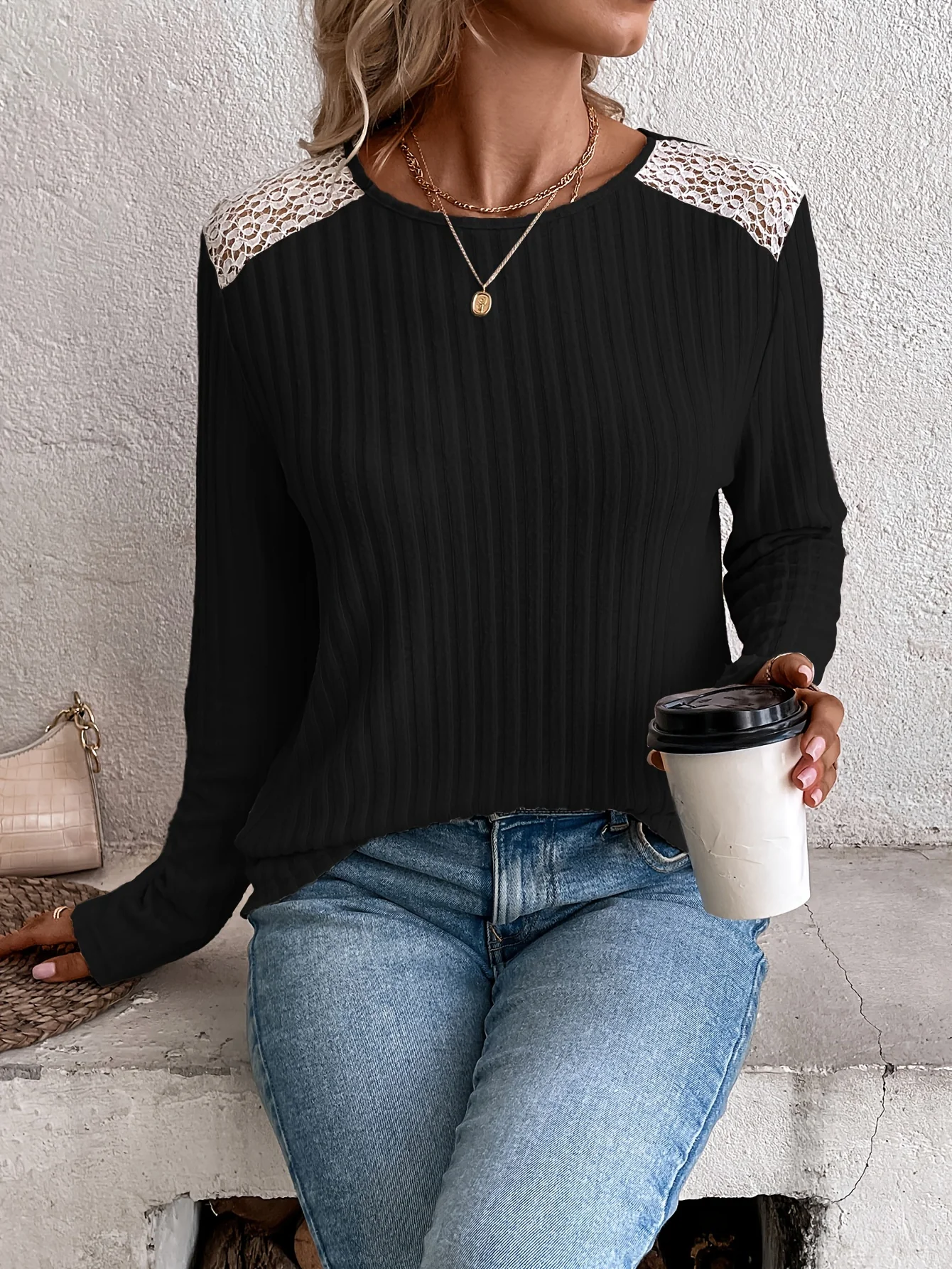 deanwangkt-1  Contrast Lace Crew Neck T-Shirt, Casual Long Sleeve T-Shirt For Spring & Fall, Women's Clothing - Deanwangkt