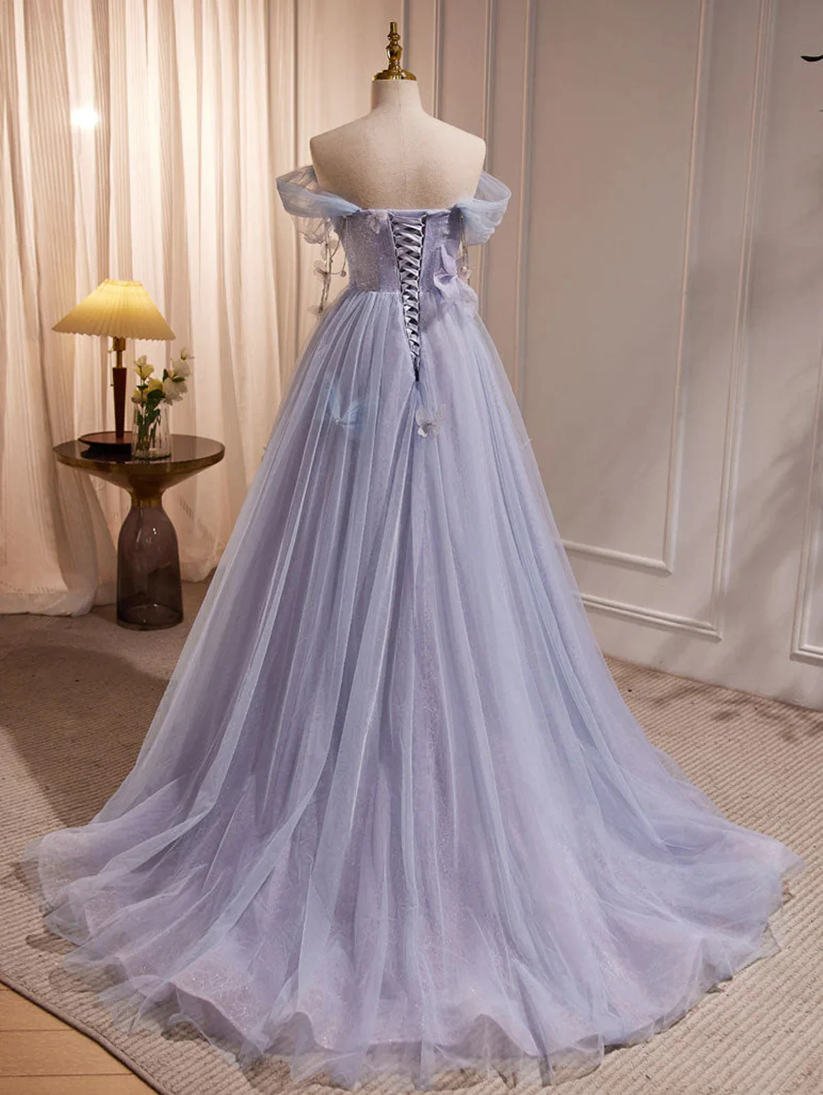 Solvbao Light Purple Beaded Off Shoulder Long Tulle Formal Dress, Light Purple Prom Dress - Deanwangkt