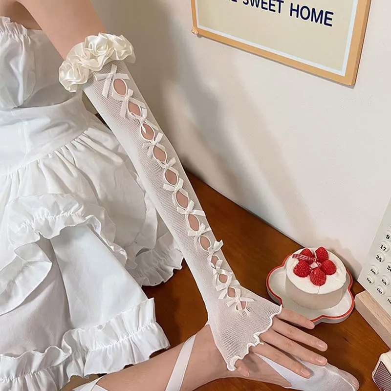 deanwangkt Sexy White Hollow Satin Bow Lace Gloves Lolita Bride Thin Sun Protection Arm Sleeves Women Summer Fingerless Sunscreen Mittens - Deanwangkt
