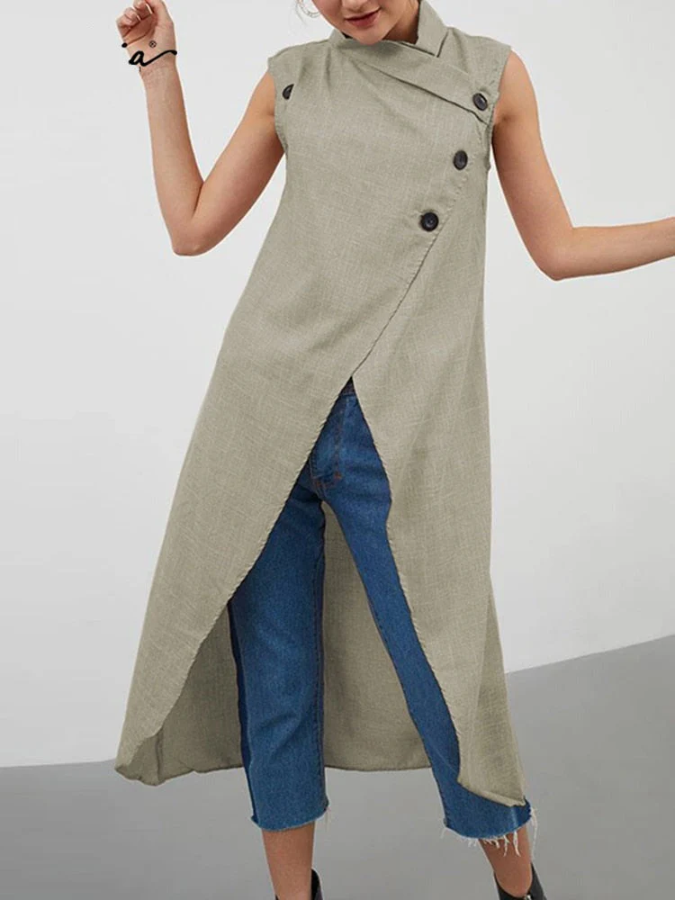 deanwangkt Celmia Women Asymmetrical Blouses  Summer Sleeveless Breathable Thin Tops Casual Chic Split Long Shirts Blusas Femmininas - Deanwangkt