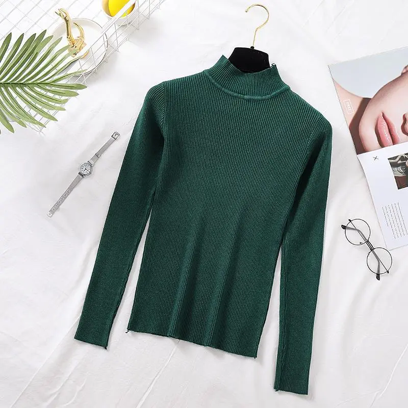 deanwangkt Autumn Women Pullover Sweater Fashion Half Turtleneck Knitted Female Jumper Long Sleeve Winter Black Soft Elastic Blouse - Deanwangkt