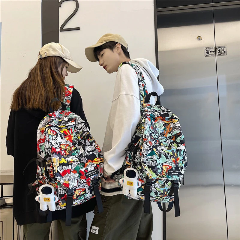 deanwangkt Harajuku Girl Male School Bag Female Graffiti Print Men Backpack Women Book Boy Bag Nylon Ladies Fashion Laptop Backpack Student - Deanwangkt