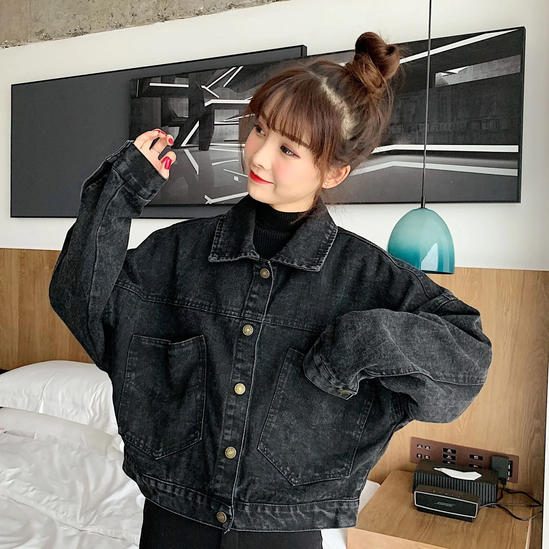 deanwangkt Harajuku Black Denim Short Jacket Women Korean Loose Bomber Jacket Female Outerwear Streetwear Long Sleeve Casual Overcoat Mujer - Deanwangkt