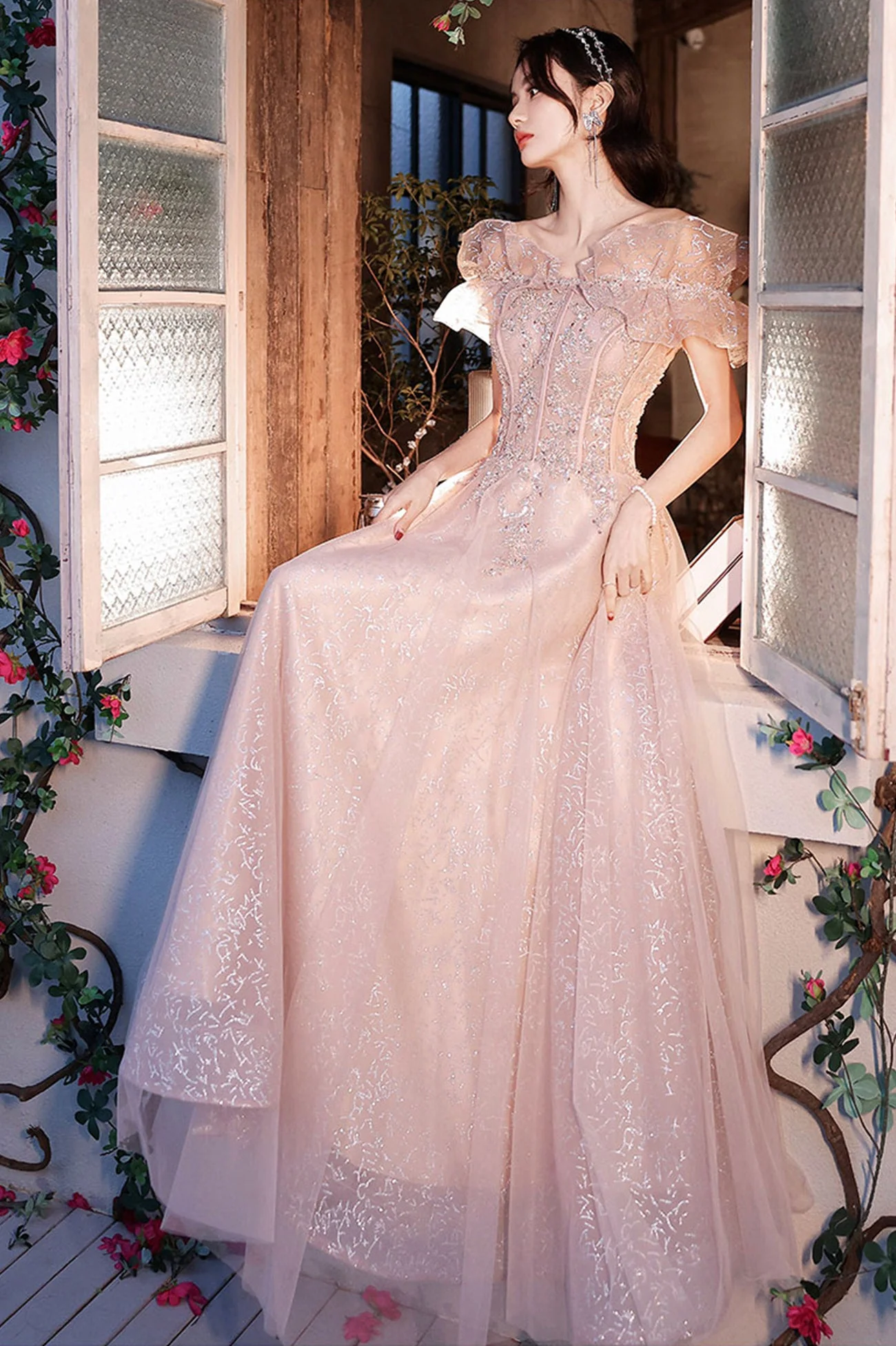 solvbao Pink Tulle Sequins Long Prom Dresses, Lovely A-Line Evening Graduation Dresses - Deanwangkt