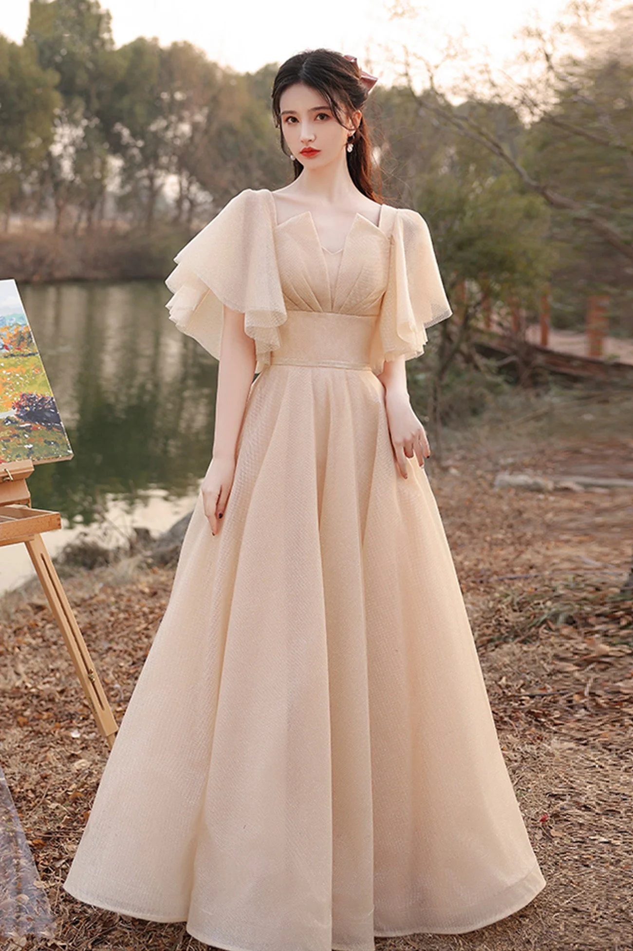 solvbao Cute Tulle Long A-Line Prom Dresses, Champagne Lace-Up Party Dresses - Deanwangkt