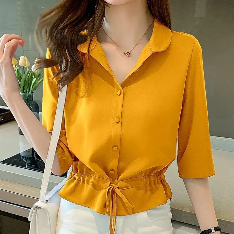 Women Solid Turn-down Collar Half Sleeve Chiffon Shirt Fashion Casual Shirring Single-breasted Blouses Female 1004-0 - Deanwangkt