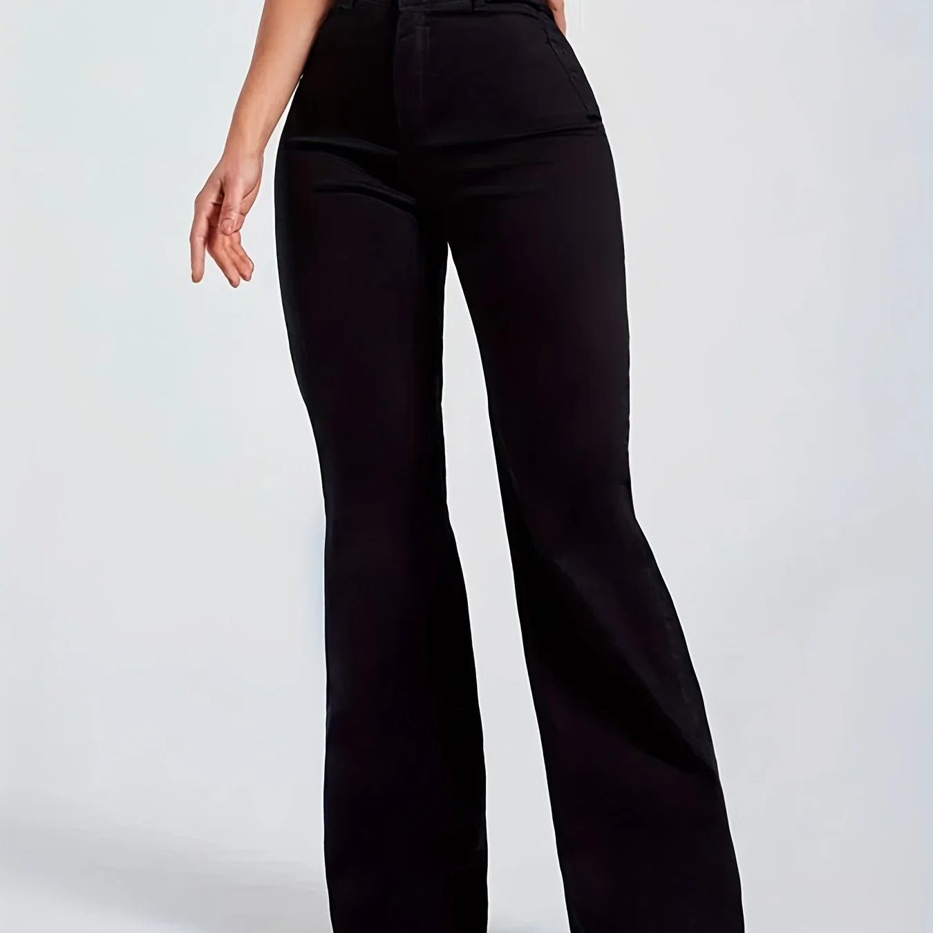 Black Raw Hem Flare Jeans, Medium Strech Zipper Button Closure Solid Color Denim Pants With Patch Pockets, Elegant Causal Vintage Style, Women's Denim Jeans & Clothing - Deanwangkt