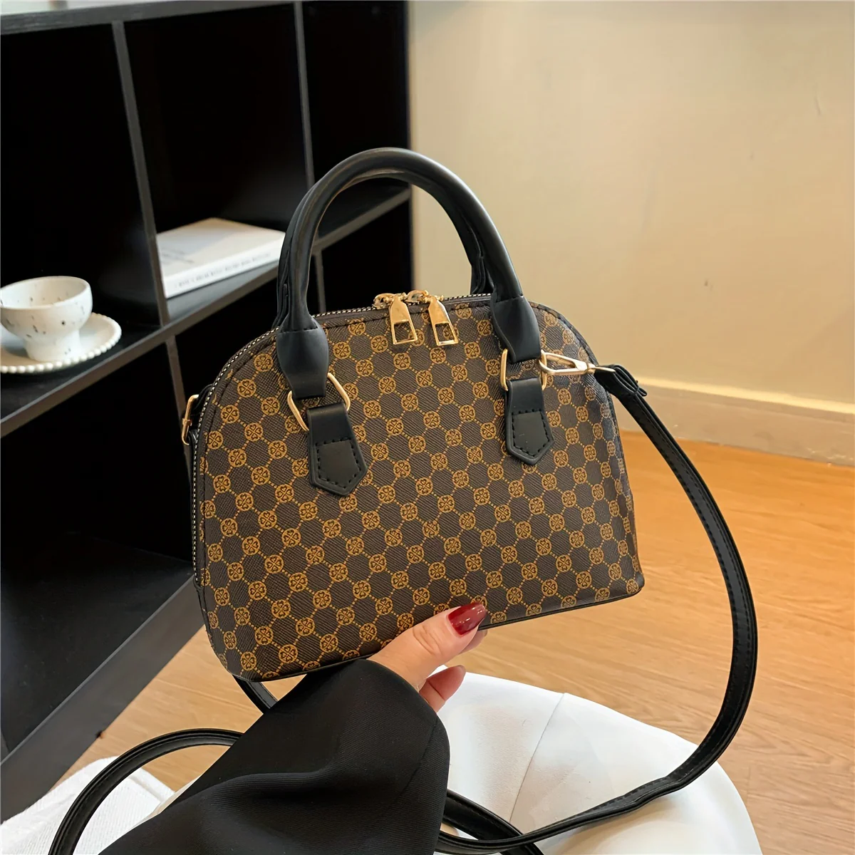 Vintage Geometric Pattern Shell Bag, Classic Zipper Textured Satchel Bag For Women - Deanwangkt