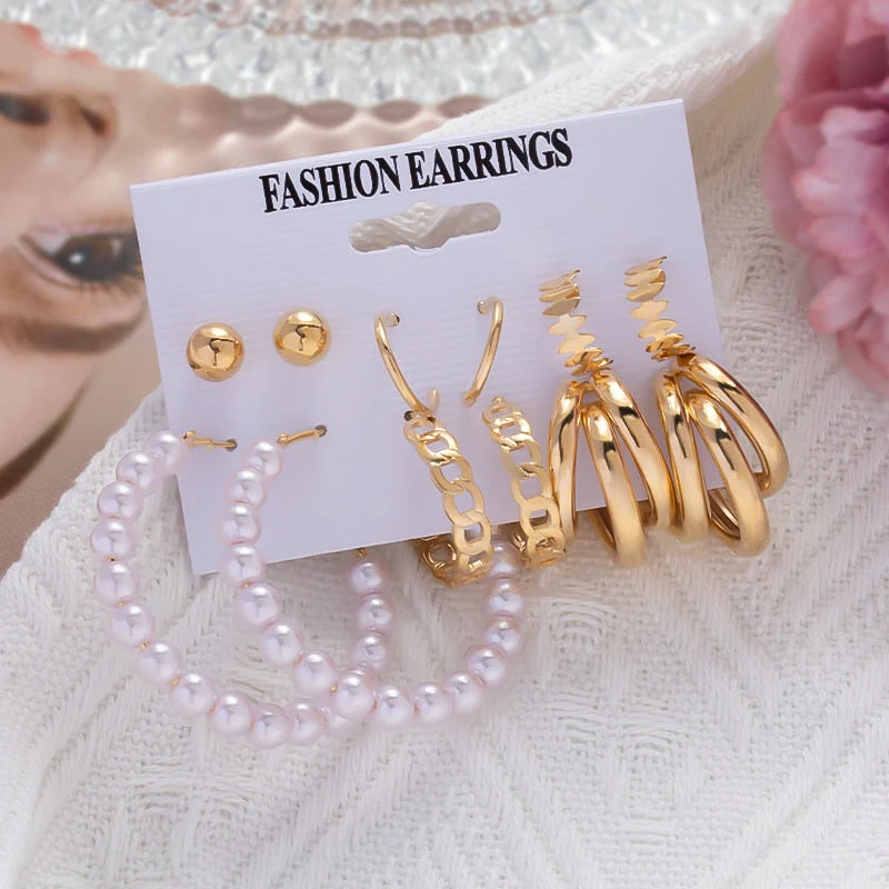 DEANWANGKT Boho Women's Earrings Vintage Punk Gold Color Metal Acrylic Big Circle Pearls Hoop Earring Set for Woman Girl Trend Jewelry - Deanwangkt