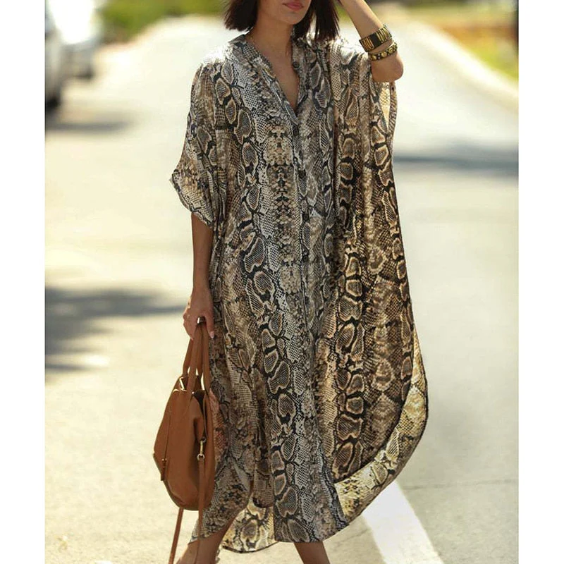 Cover-ups  Kaftan Beach Print SnakeSkin Swimsuit cover up Kimono Plage Beach Robe Femme Long Dress Sarong Dress Beachwear - Deanwangkt