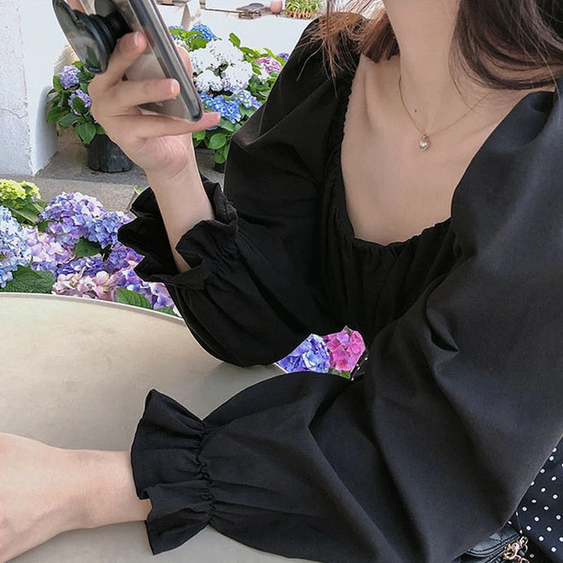 deanwangkt Women Blouses Solid Designer Slim Sexy Crop Top Bandage Square Collar Korean Style Trendy Temperament Females Shirts Summer Chic - Deanwangkt
