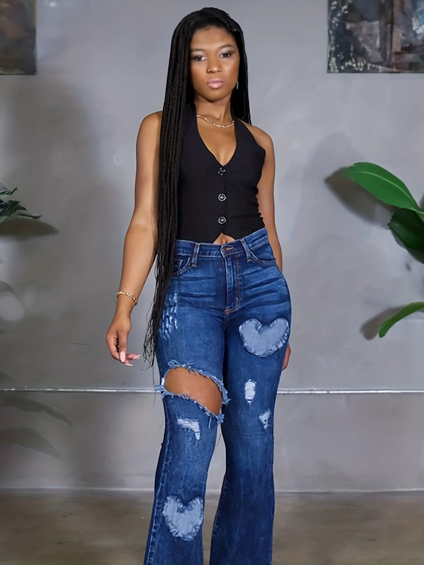 Blue Heart Shape Patchwork Flare Jeans, High-Stretch Ripped Holes Raw Hem Bell Bottom Jeans, Women's Denim Jeans & Clothing - Deanwangkt