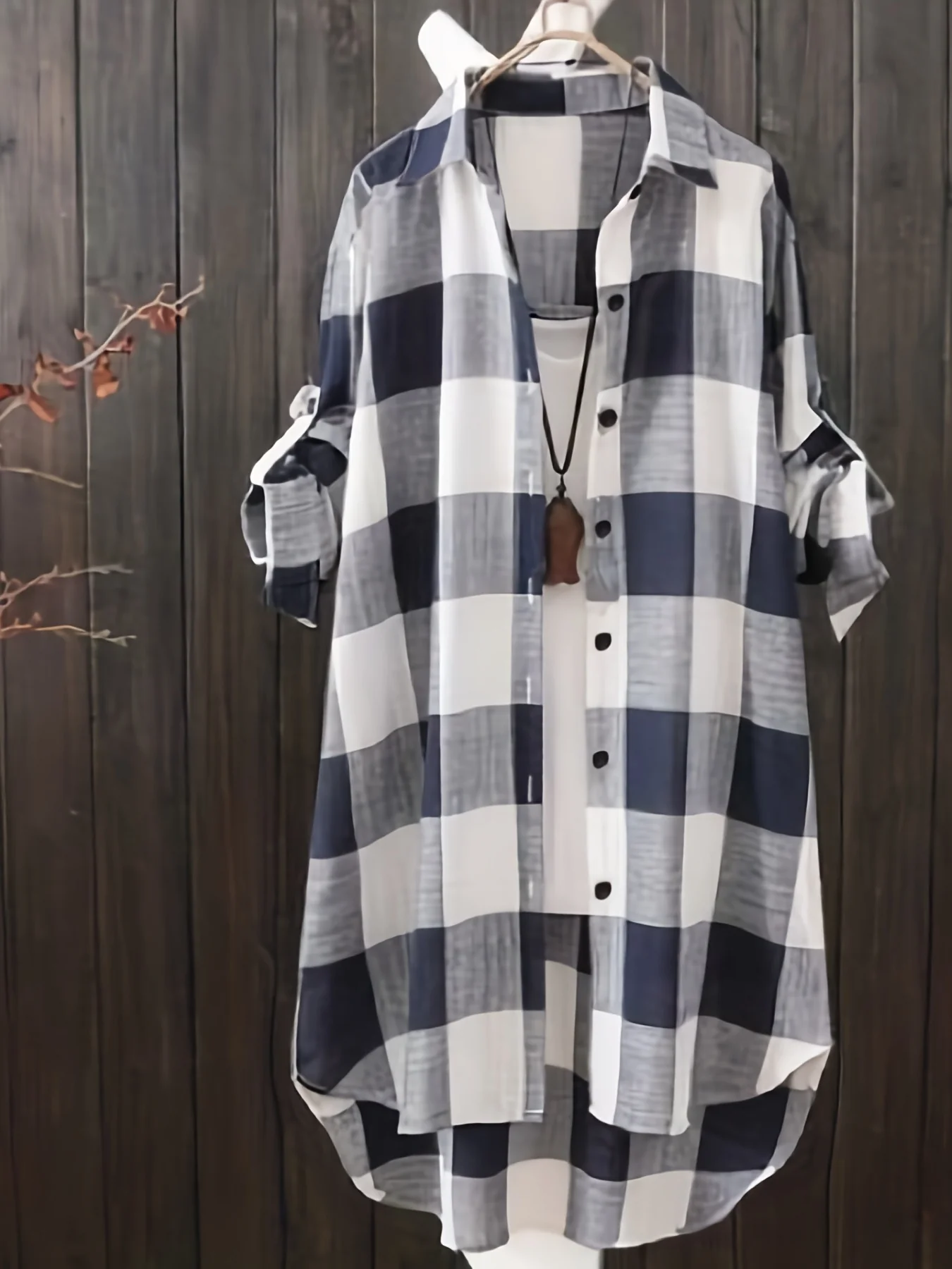 deanwangkt Plaid Print Dipped Hem Shirt, Casual Mid Length Button Front Turn Down Collar Long Sleeve Shirt, Women's Clothing - Deanwangkt