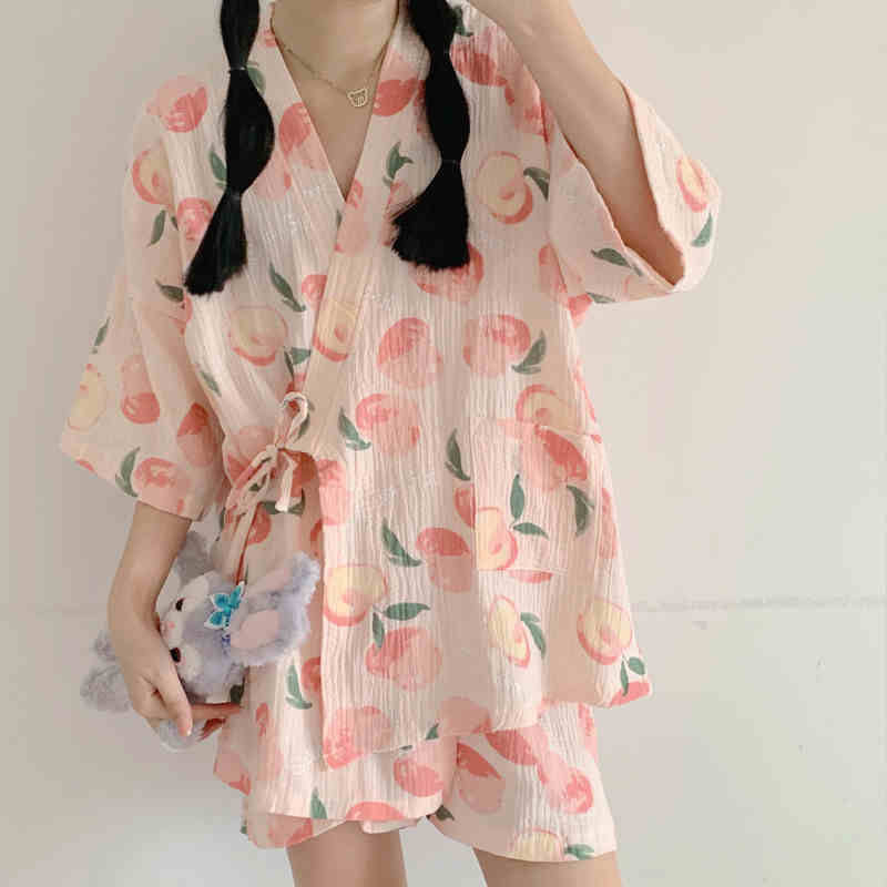 deanwangkt Pink Pajama Sets Women Sweet Casual Simple Design Stylish Japanese Style Lace-up Print Summer Home Lounge Wear Cozy Breathable - Deanwangkt