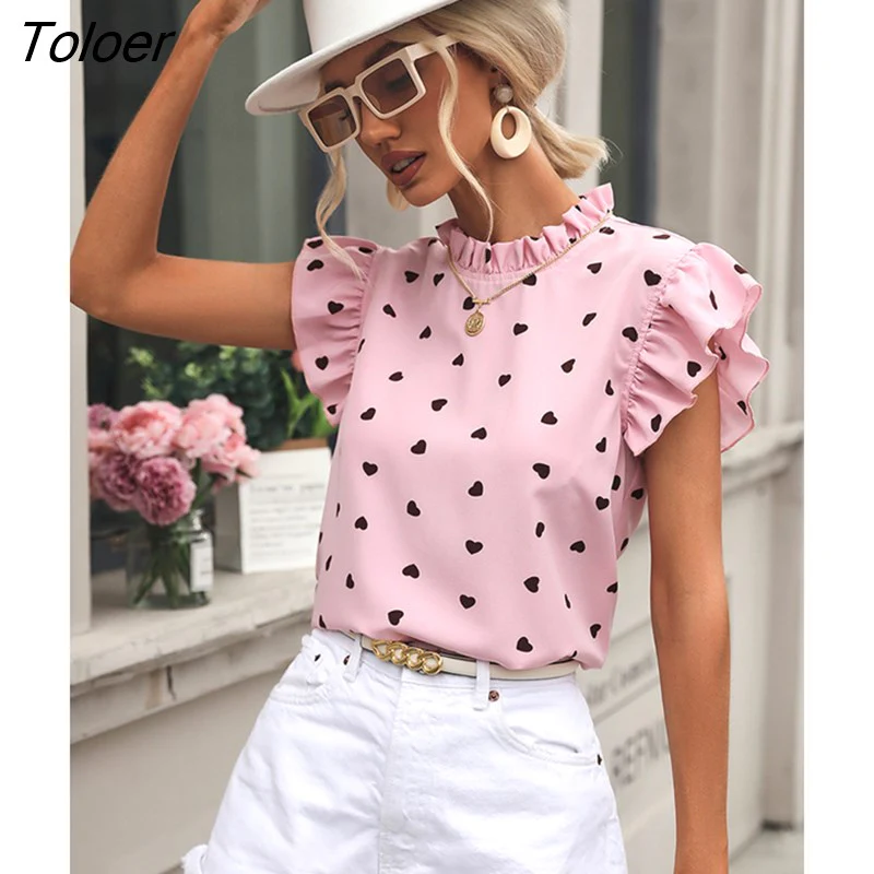 deanwangkt Chiffon Print Women's Shirt Casual Ruffle Short Sleeve Top Pink Chic Woman Blouse And Shirts Elegant Blouses Summer - Deanwangkt