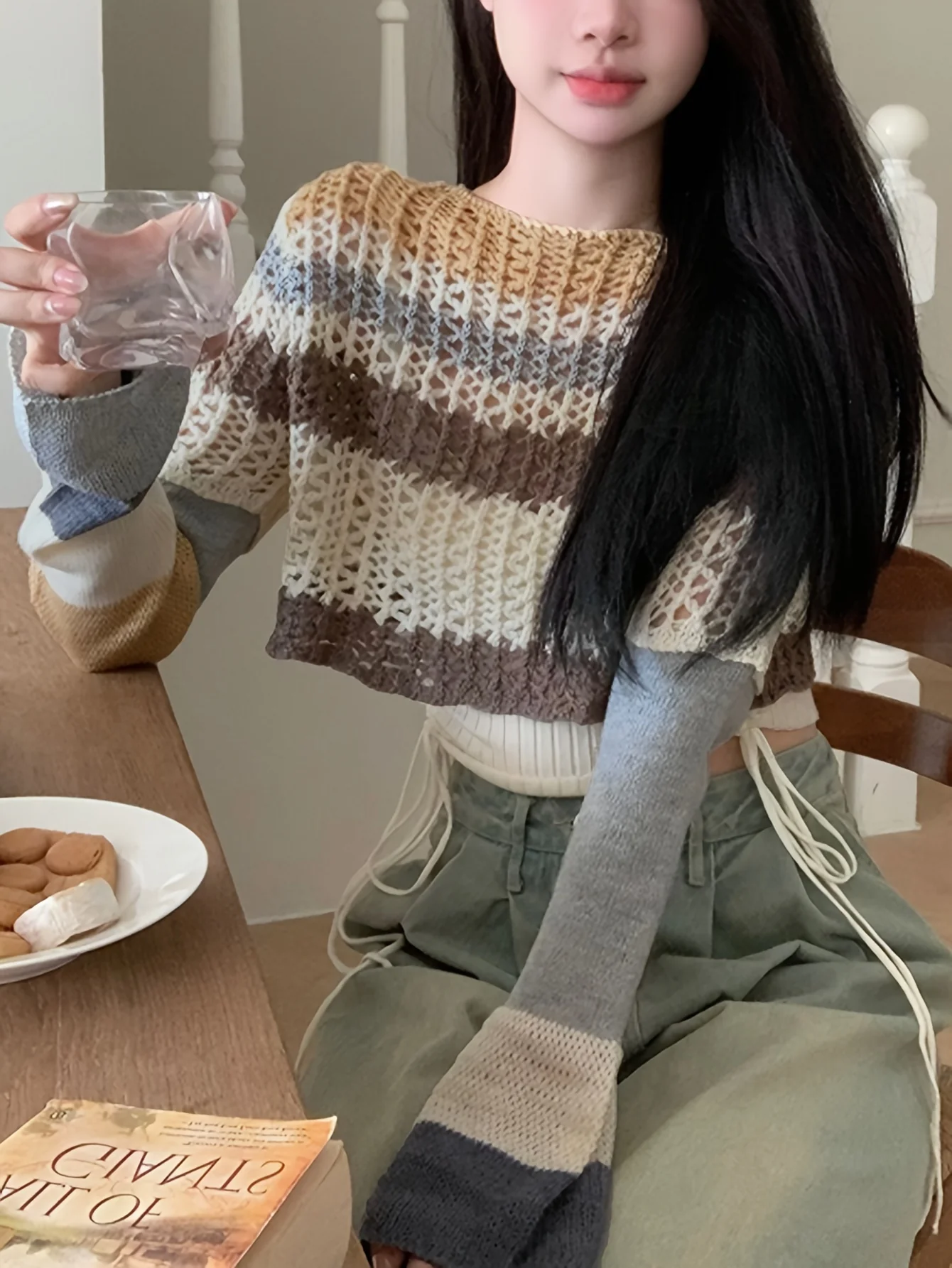 deanwangkt Colorful Striped Hollow Crochet Sweater, Casual Long Sleeve Crop Top For Spring & Fall, Women's Clothing - Deanwangkt