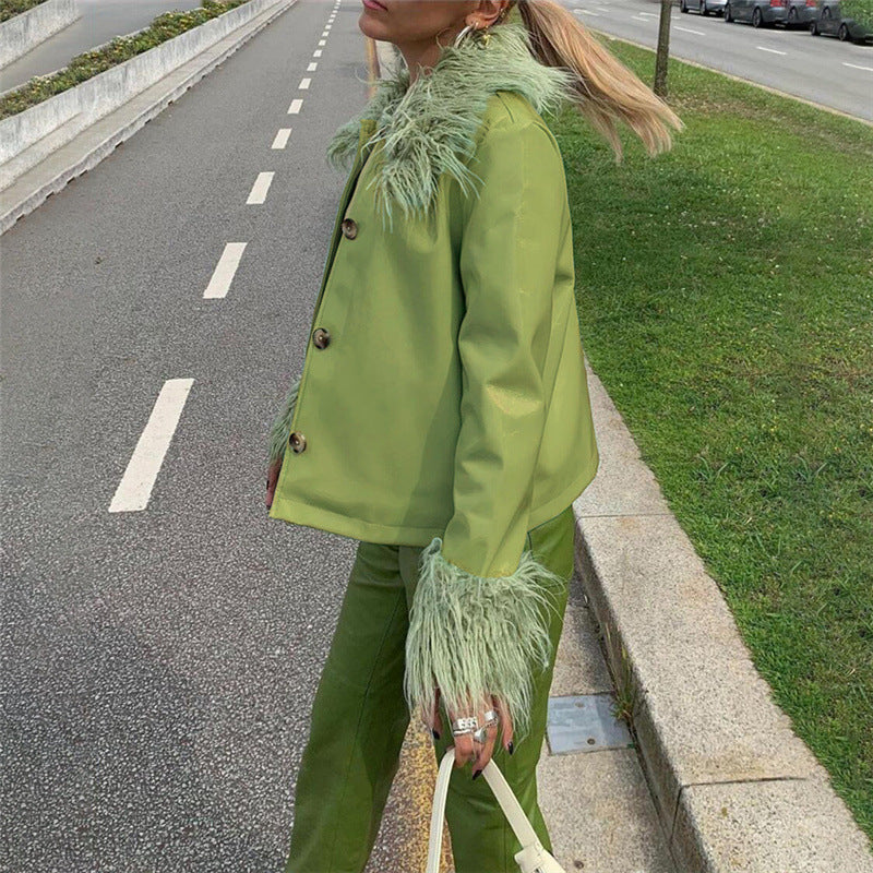 deanwangkt Y2K Faux Fur Collar Long Coat with Belt Leather Jackets Women Autumn Winter Warm Single Breasted Outerwear Green Elegant - Deanwangkt