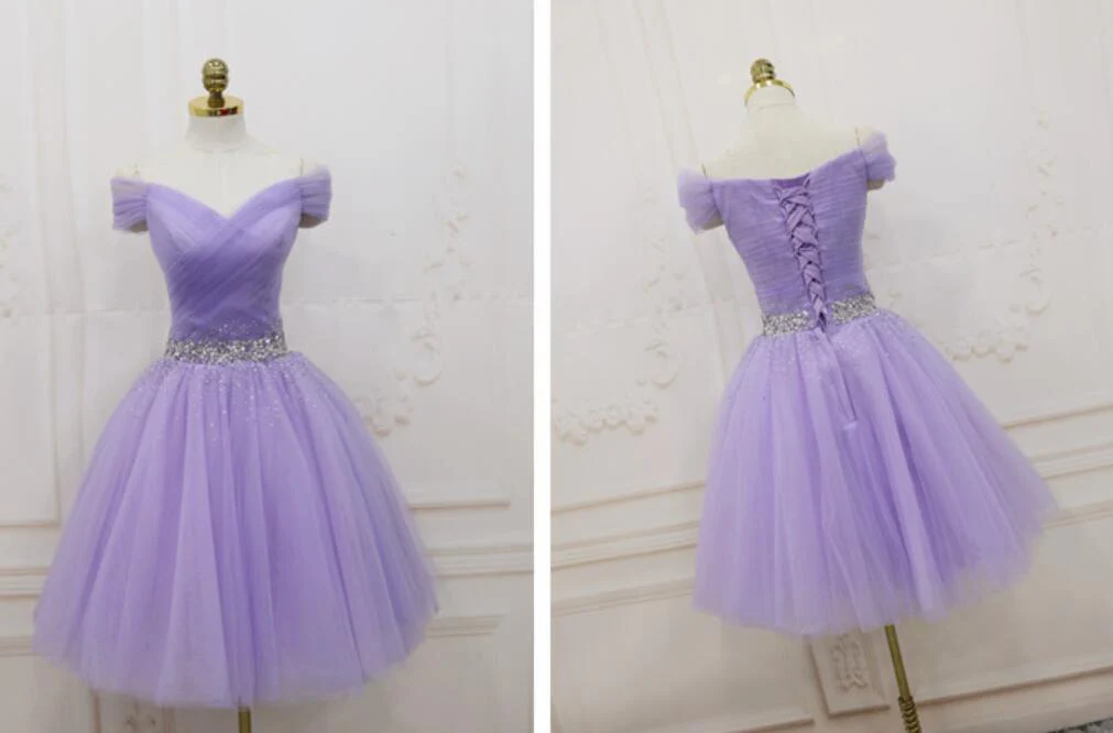 Solvbao Lovely Light Purple Beaded Short Party Dress, Off Shoulder Homecoming Dress - Deanwangkt