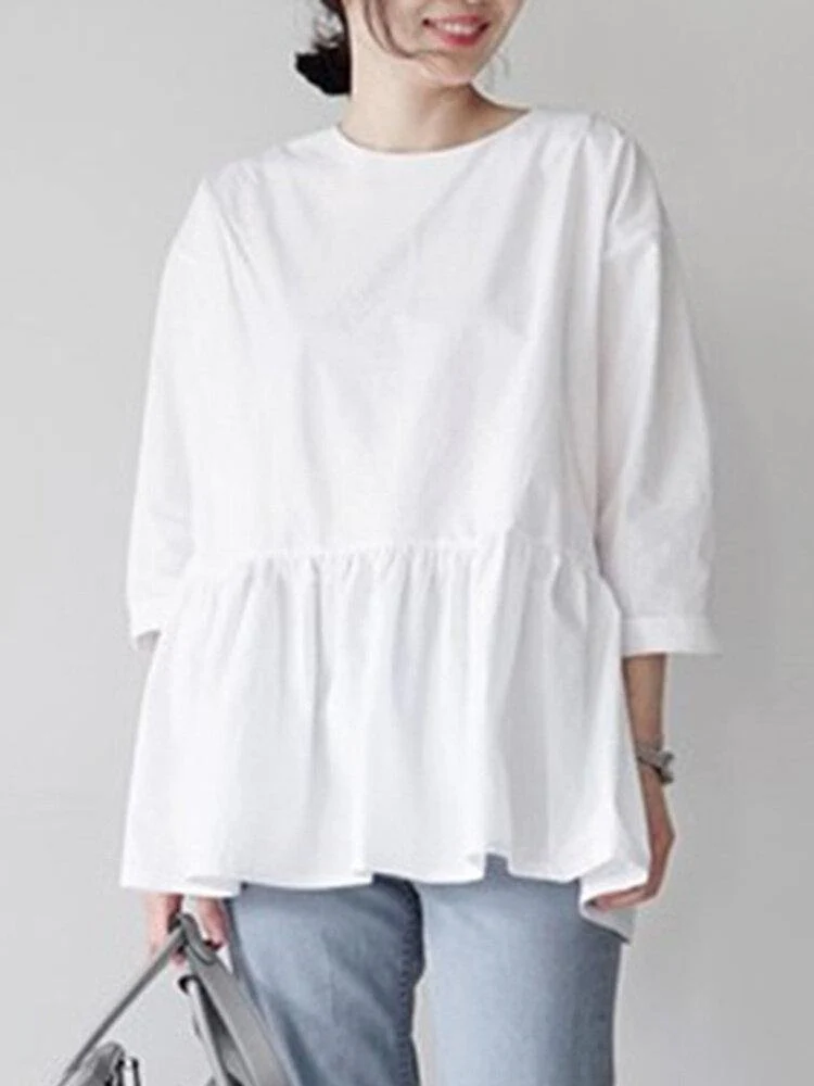 deanwangkt O-Neck Pleated Back Zipper Solid Blouse For Women - Deanwangkt