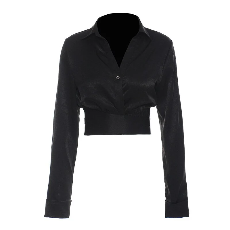 deanwangkt Women Black Short Single Button Casual Blouse New Lapel Long Sleeve Loose Fit Shirt Fashion Spring Autumn  1DD7365 - Deanwangkt