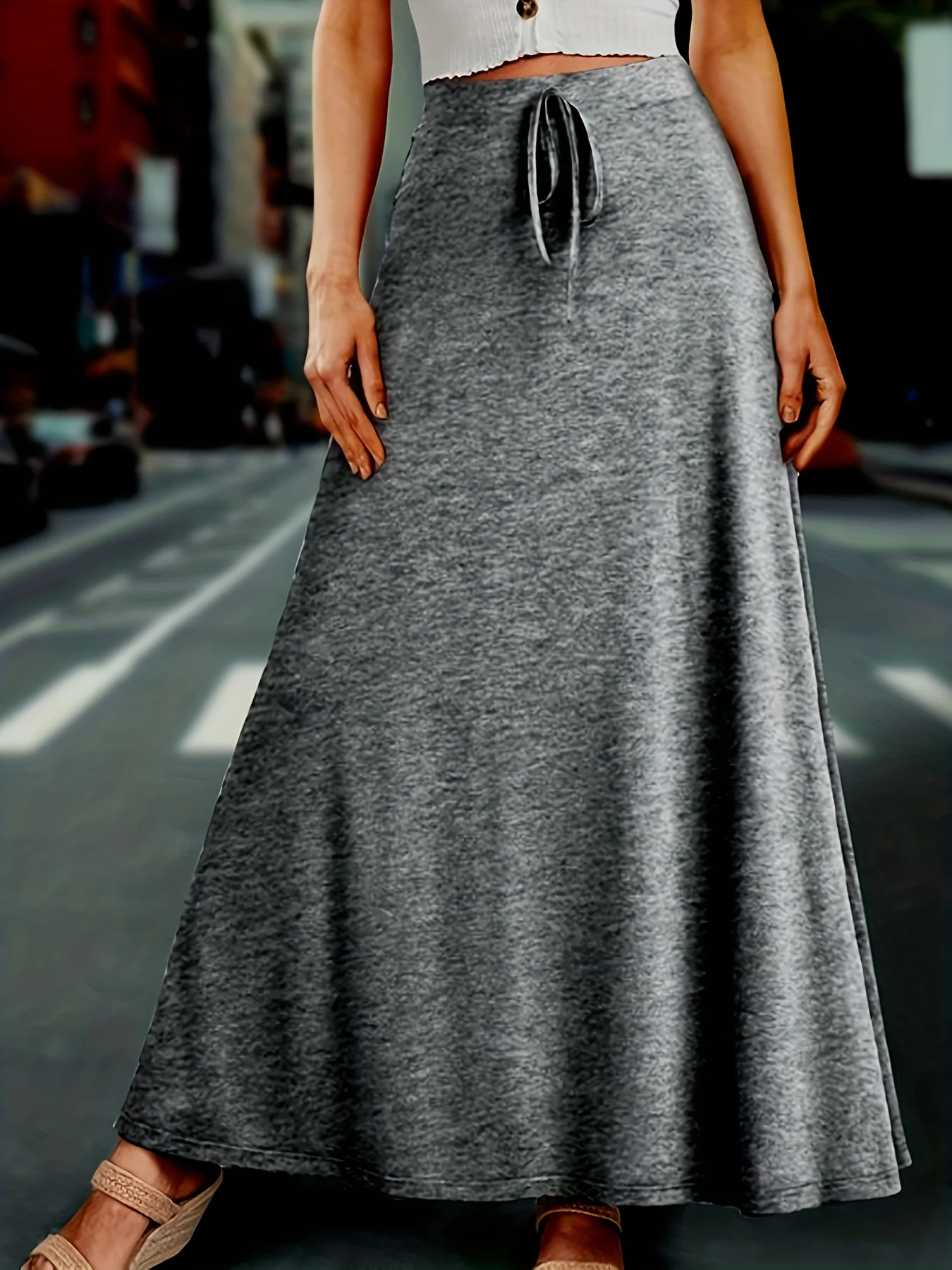 Plus Size Elegant Skirt, Women's Plus Solid Drawstring High Rise Medium Stretch Maxi Skirt - Deanwangkt