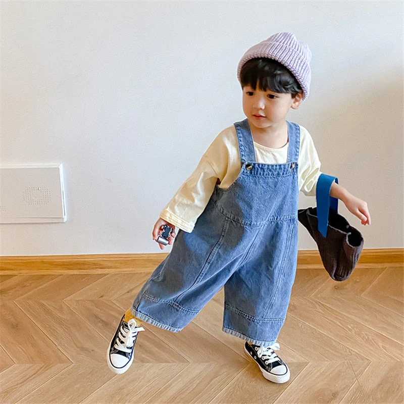 deanwangkt  New Children Loose Overalls boys girls casual all-match denim Trousers Autumn Solid Outwear 1-7Y Kids fashion bib pants - Deanwangkt