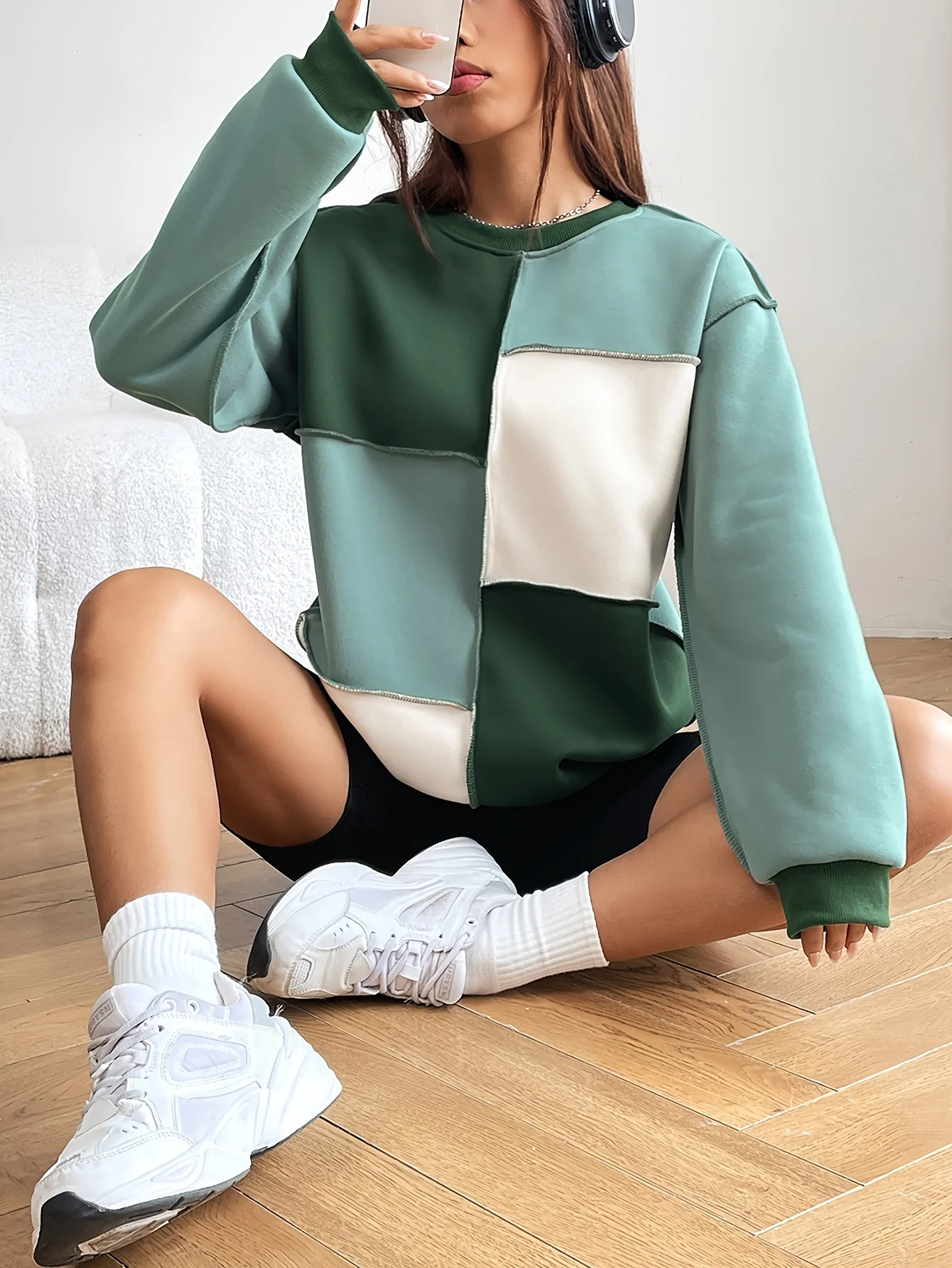 deanwangkt-1 Color Block Crew Neck Sweatshirt, Casual Long Sleeve Drop Shoulder Sweatshirt, Women's Clothing - Deanwangkt