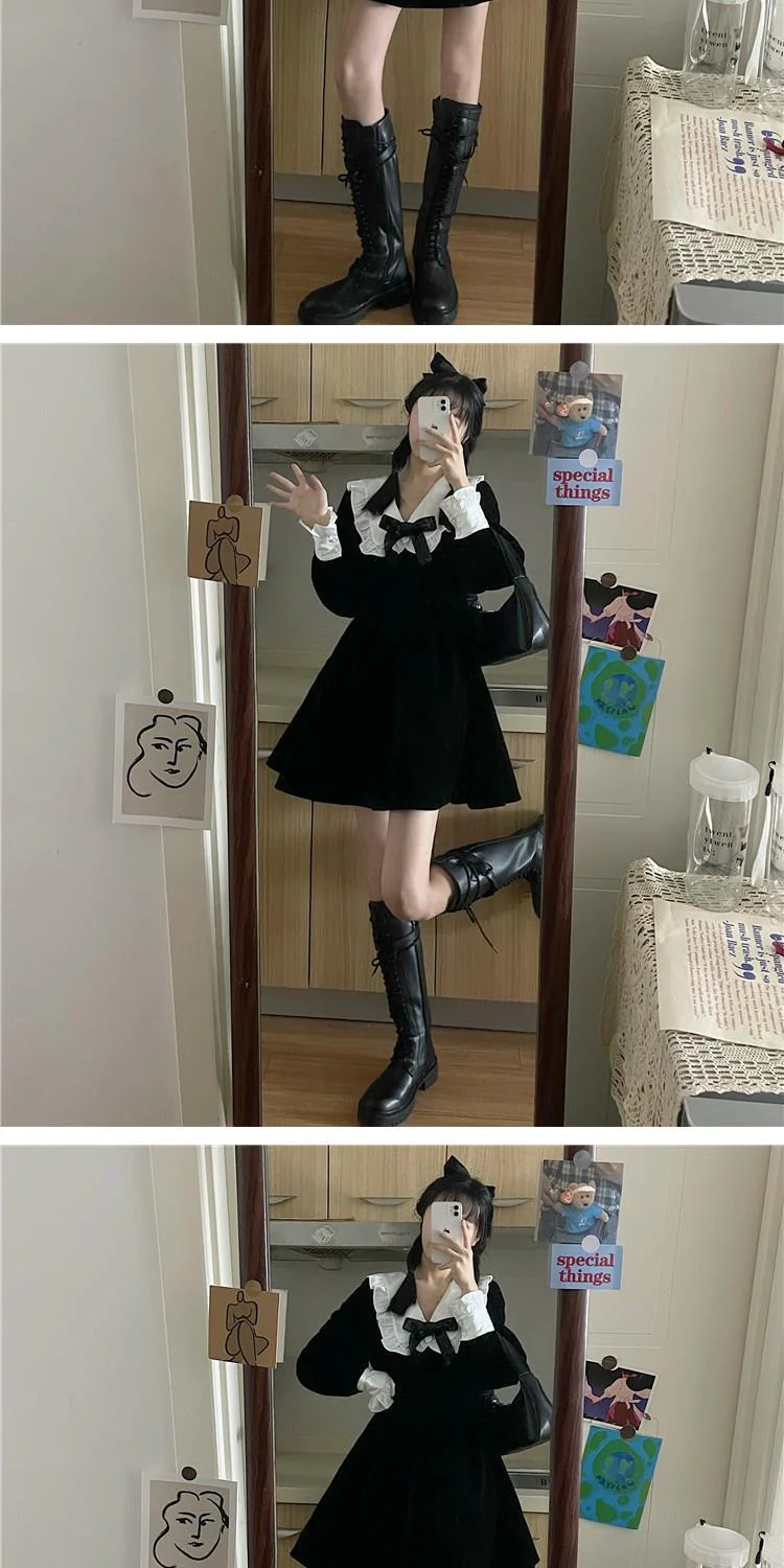 deanwangkt Kawaii Bow Dress Women Japanese Preppy Style Long Sleeve Mini Dresses Black Goth Vintage Lolita Outfits Sweet Streetwear - Deanwangkt