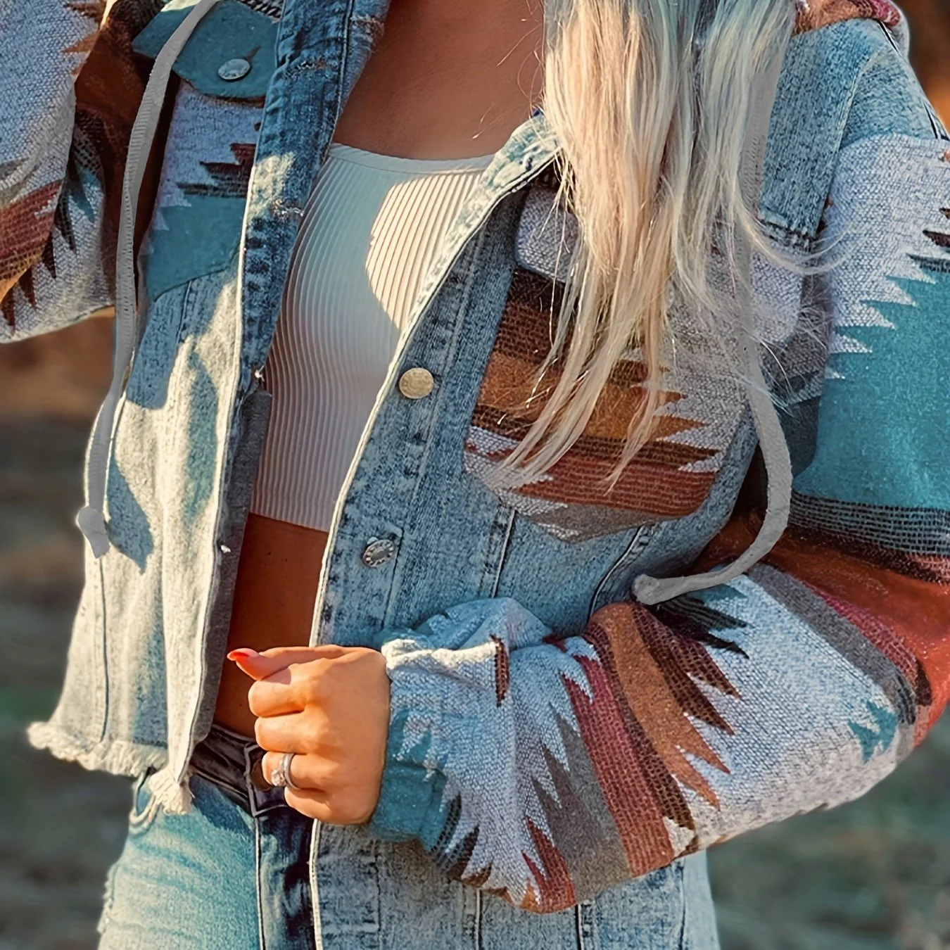 deanwangkt-1  Multicolor Geometric Print Denim Jackets, Long Sleeves Raw Hem Lapel  Hooded Denim Coats, Women's Denim Clothing - Deanwangkt