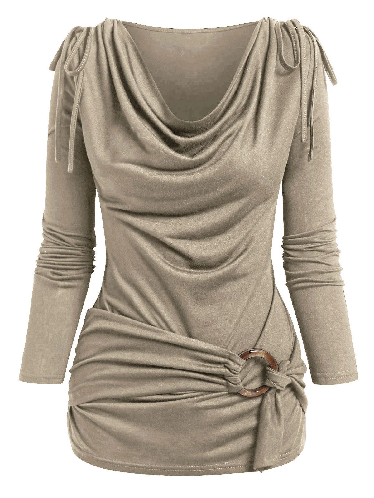 deanwangkt   Cowl Neck Cinched O Ring Tee Long Sleeve Loose Tops  Women's Spring Autumn Style Blouses Shirt - Deanwangkt