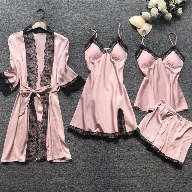 deanwangkt 4 Pieces  Women Pajamas Sets Satin Sleepwear Silk Nightwear Pyjama Soild Strap Lace Sleep Lounge Pijama With Chest Pads - Deanwangkt