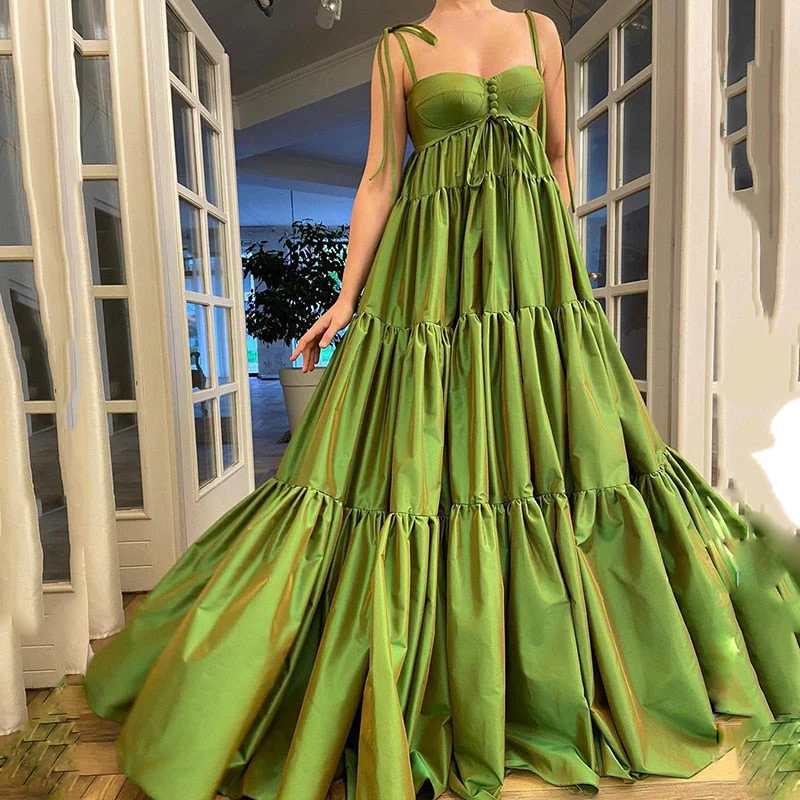 UZN New Arrival A-Line Green Satin Bustier Prom Dress Elegant Spagetti Straps Ruffles Evening Dress Plus Size Party Dress - Deanwangkt
