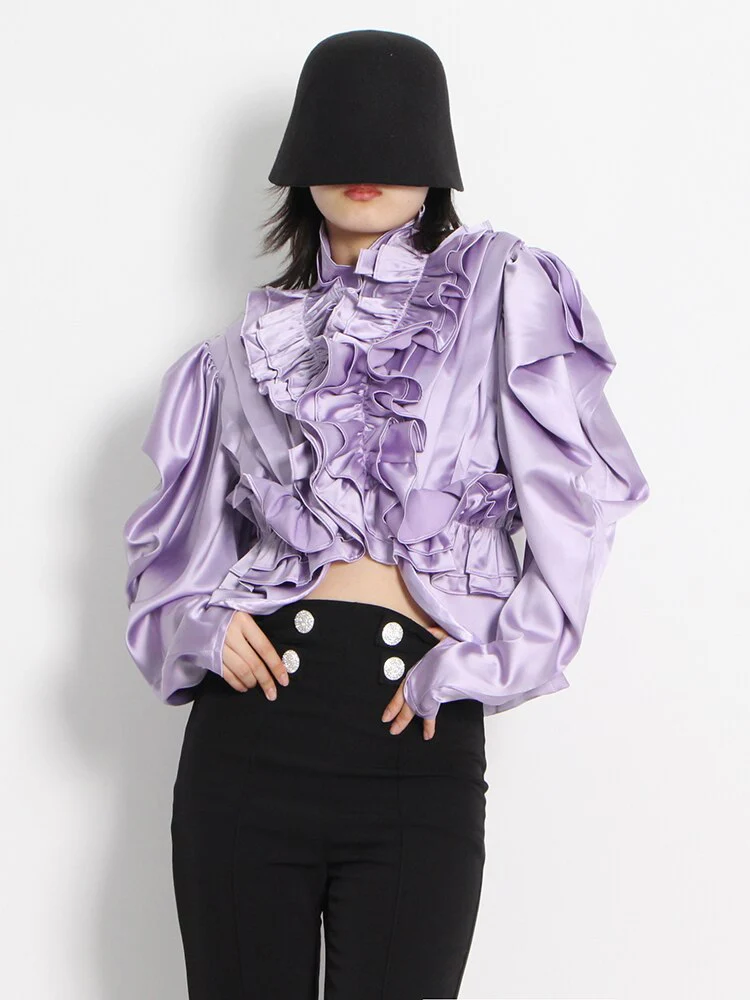 deanwangkt Korean Fashion Shirt For Women Turtleneck Puff Sleeve Fold Pleated Solid Blouses Female Fashion Clothing Style New - Deanwangkt