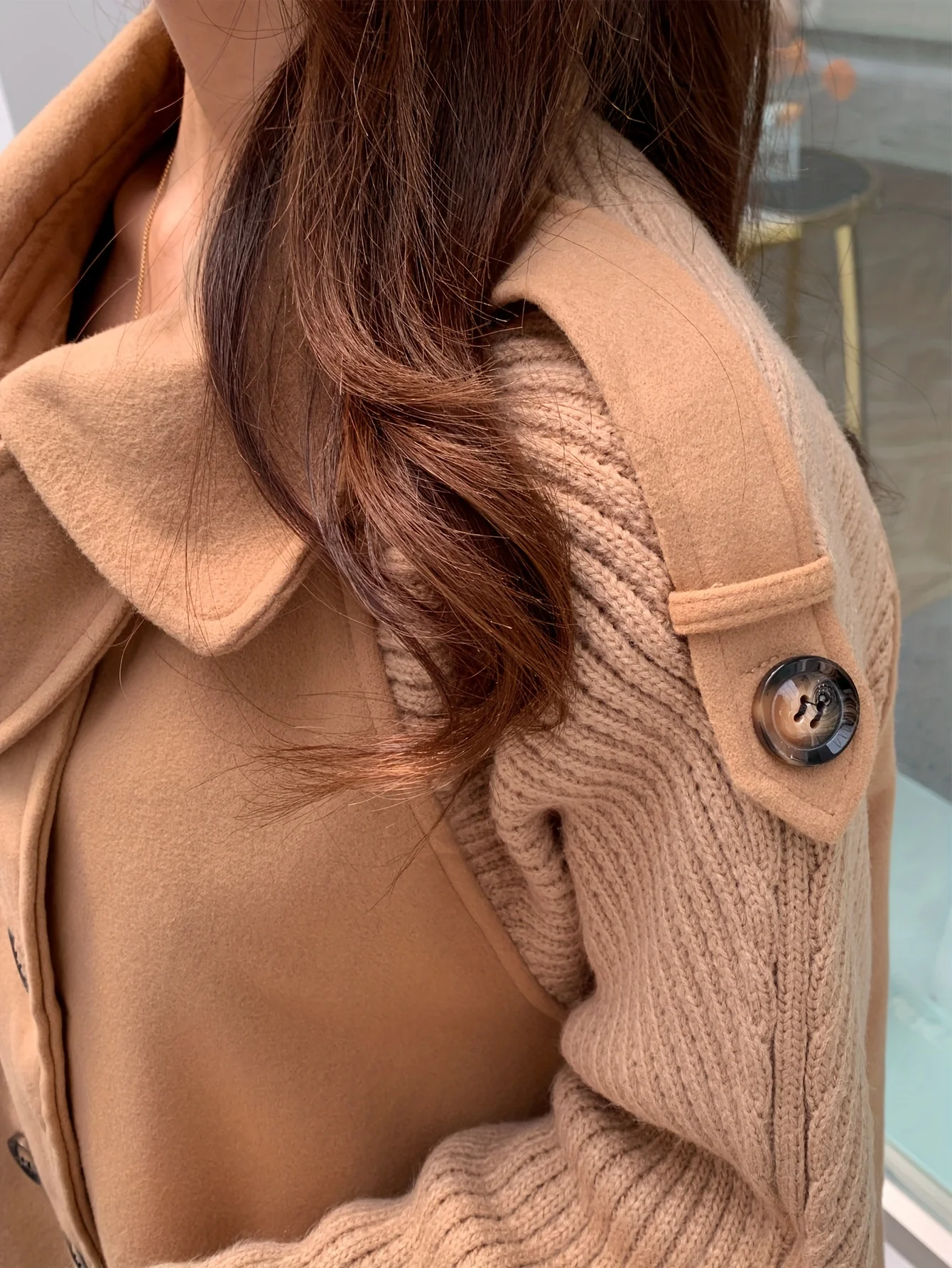 Solid Double Breasted Loose Overcoat, Versatile Long Sleeve Splicing Outwear For Fall & Winter, Women's Clothing - Deanwangkt